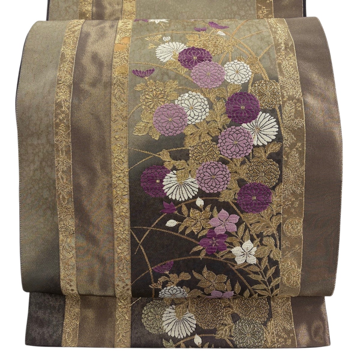 【美品】 袋帯 珠玉 天津御姉紫 書き判あり 秋草蒔絵献上文 金糸 箔 焦茶色 お太鼓柄 正絹 【中古】