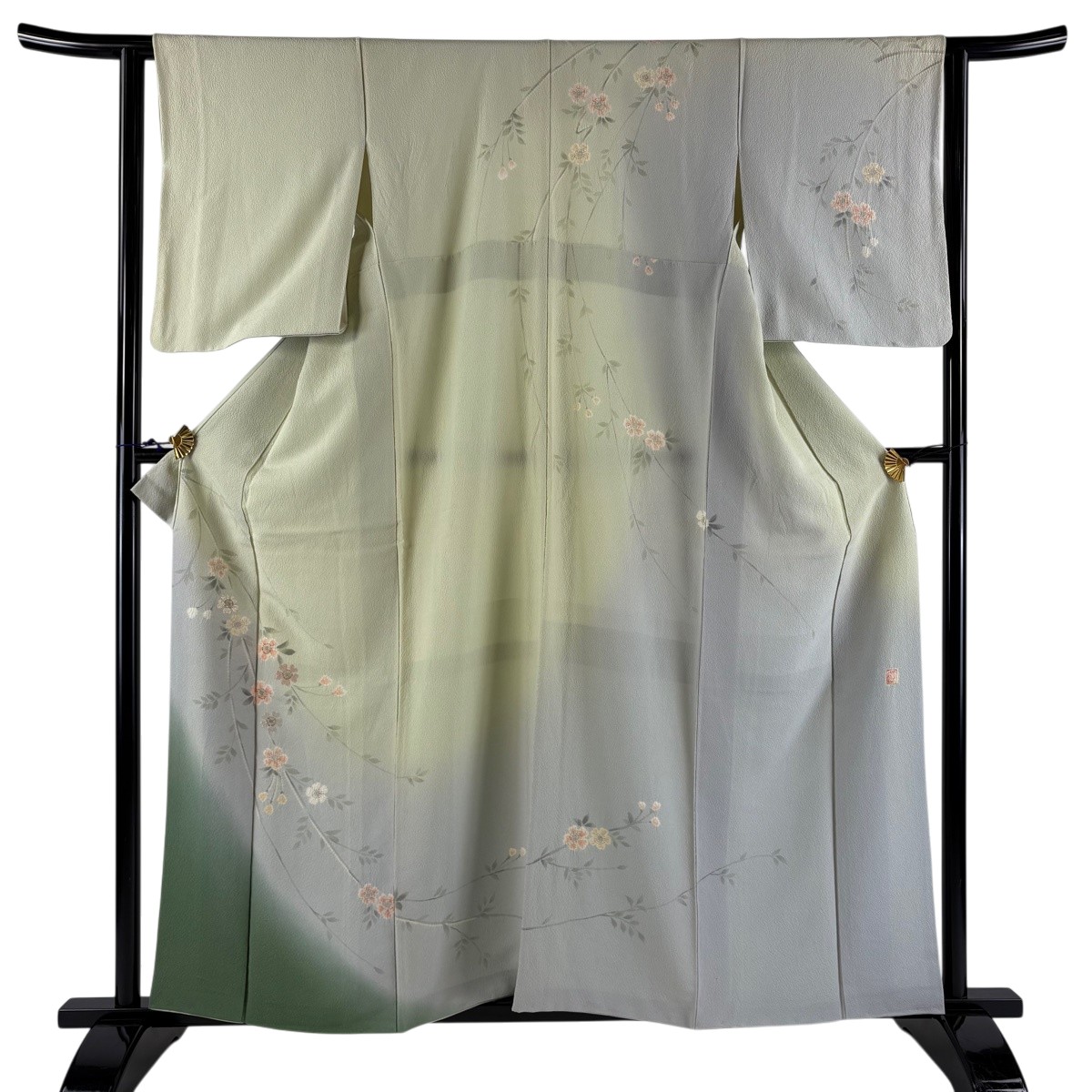 訪問着 身丈159cm 裄丈62cm S 袷 滝泰 落款あり 枝垂れ桜 箔 金糸 薄緑 正絹 逸品 【中古】