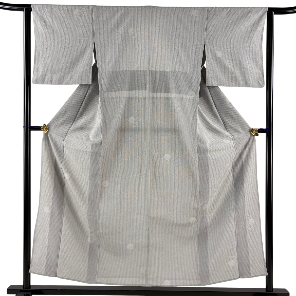 紬 身丈153.5cm 裄丈62cm S 単衣 幾何学 縞 灰色 正絹 秀品 【中古】
