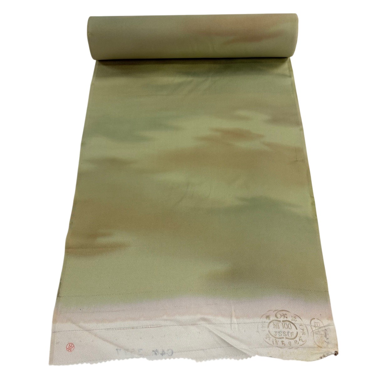 反物 秀品 小紋 霞 ぼかし 抹茶色 正絹 【中古】