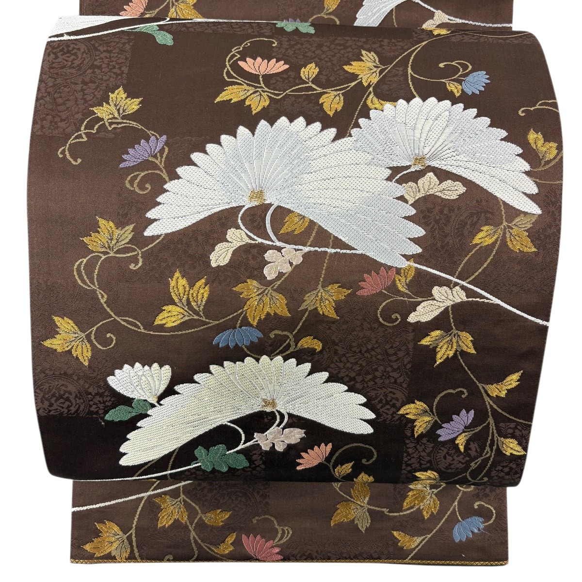 【美品】 袋帯 秀品 菊唐草 金糸 箔 焦茶色 六通 正絹 【中古】