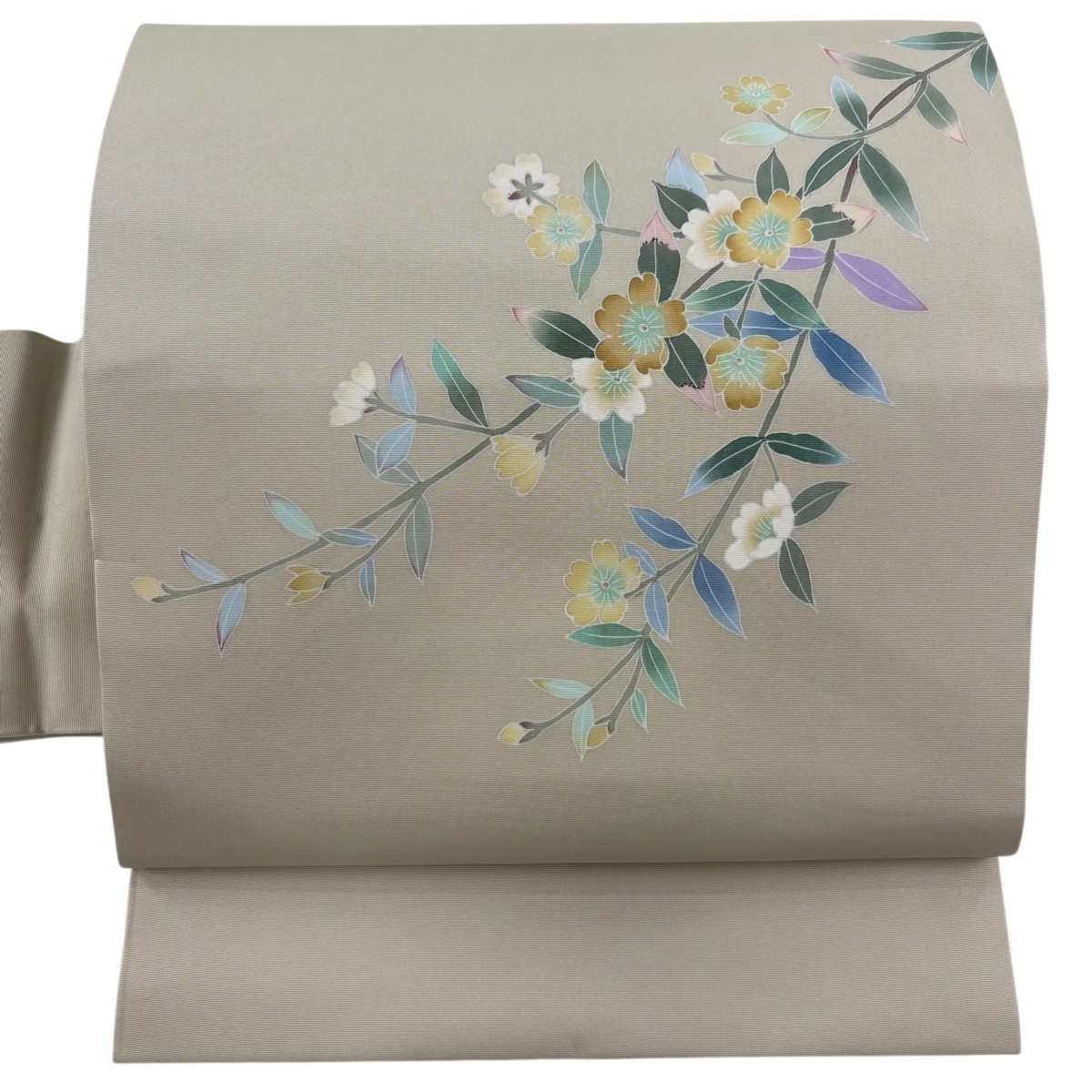 【美品】 名古屋帯 秀品 落款あり 草花 ぼかし ベージュ 正絹 【中古】