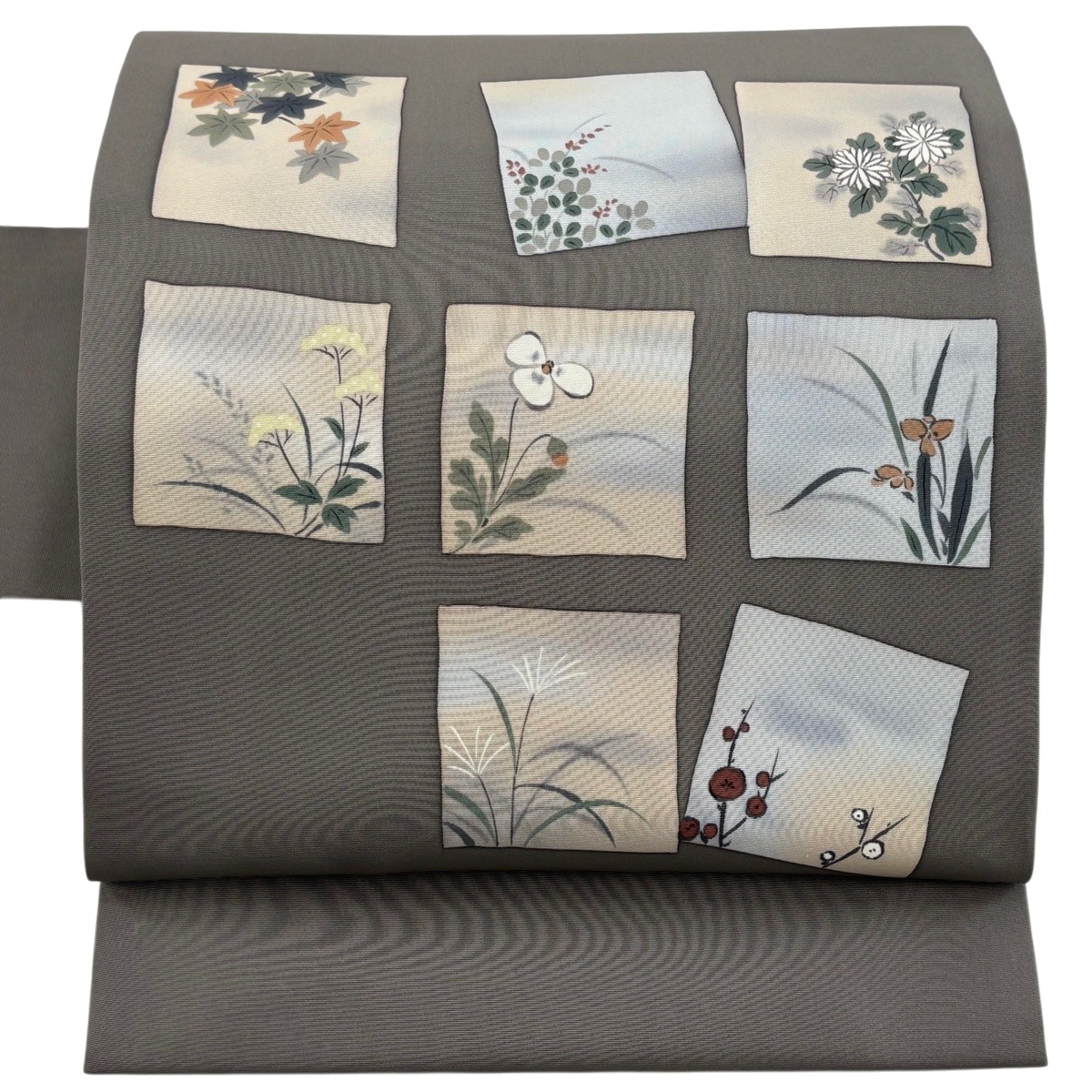 名古屋帯 秀品 色紙 草花 灰色 正絹 【中古】