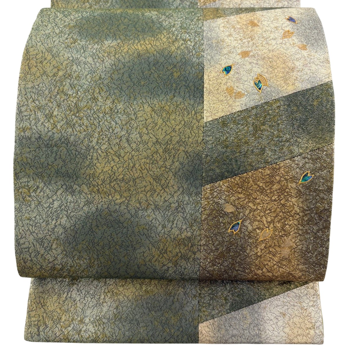【美品】 袋帯 秀品 花びら 幾何学 螺鈿 金彩 よもぎ色 六通 正絹 【中古】