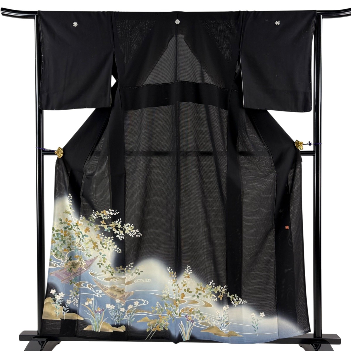 黒留袖 身丈159cm 裄丈65cm M 薄物 落款あり 舟 萩 金銀彩 ぼかし 黒 正絹 秀品 【中古】