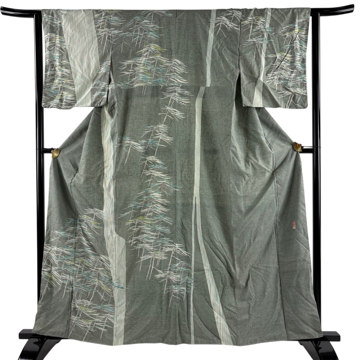 訪問着 身丈163cm 裄丈62cm S 袷 紬地 落款あり 松 灰緑 正絹 名品 【中古】
