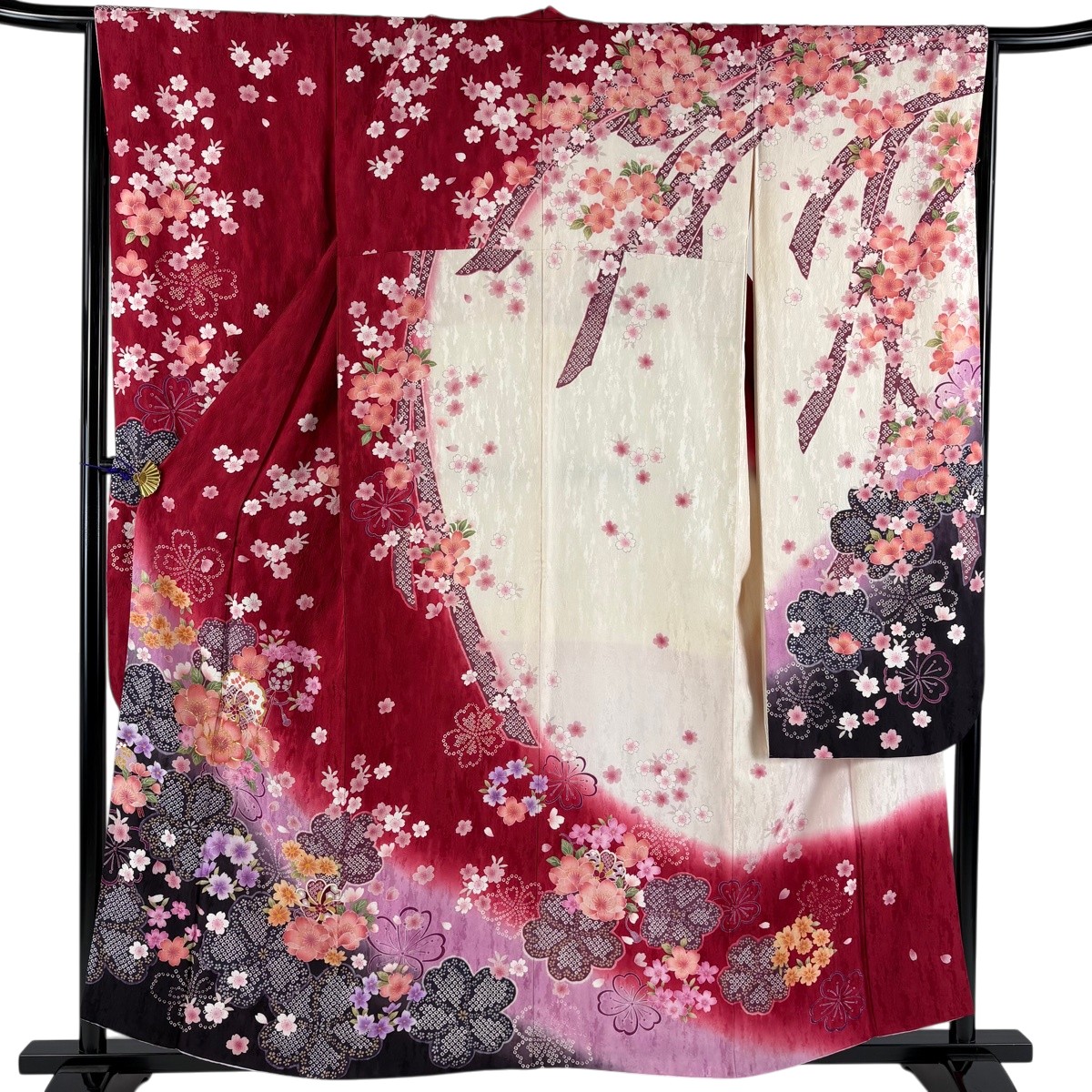 【美品】 振袖 身丈157cm 裄丈66.5cm M 袷 草花 雪輪 金糸 箔 赤 正絹 名品 【中古】