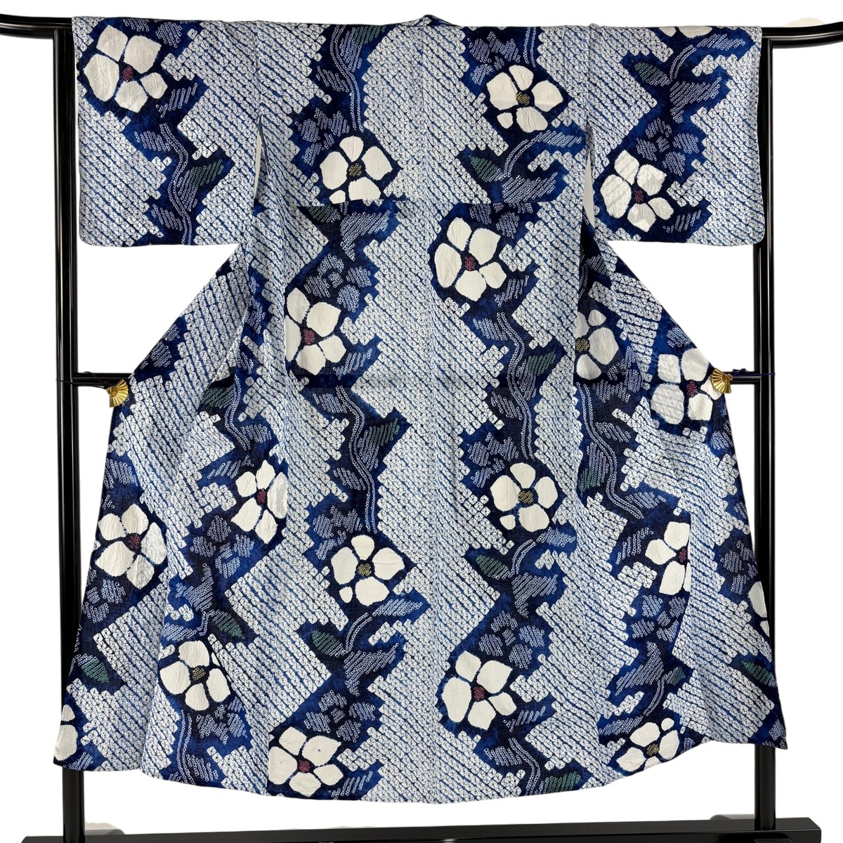 浴衣 身丈147cm 裄丈64cm M 絞り浴衣 草花 青 綿 名品 【中古】