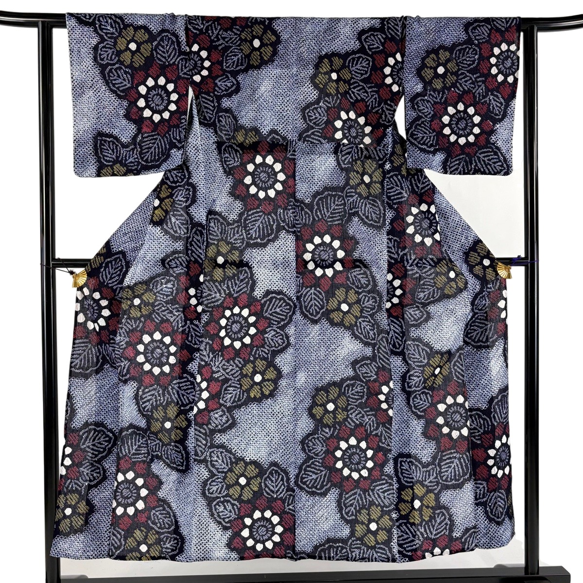 【美品】 浴衣 身丈152cm 裄丈62cm S 絞り浴衣 草花 紺色 綿 名品 【中古】