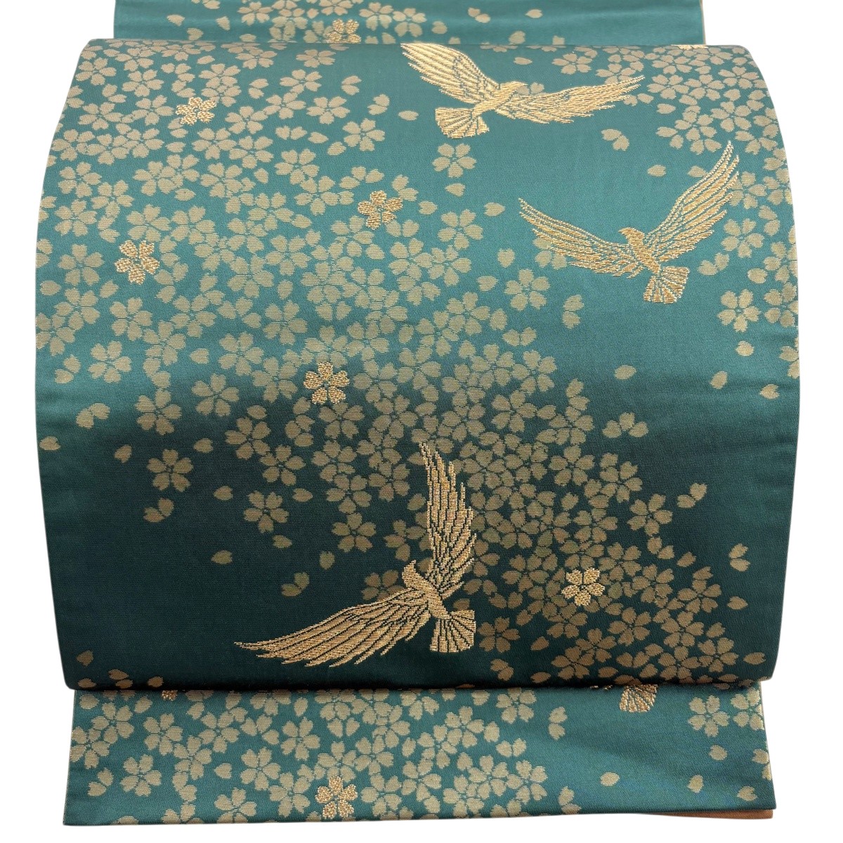 【美品】 袋帯 名品 斉藤三才 落款あり 三才鳥 桜 金糸 箔 緑 六通 正絹 【中古】