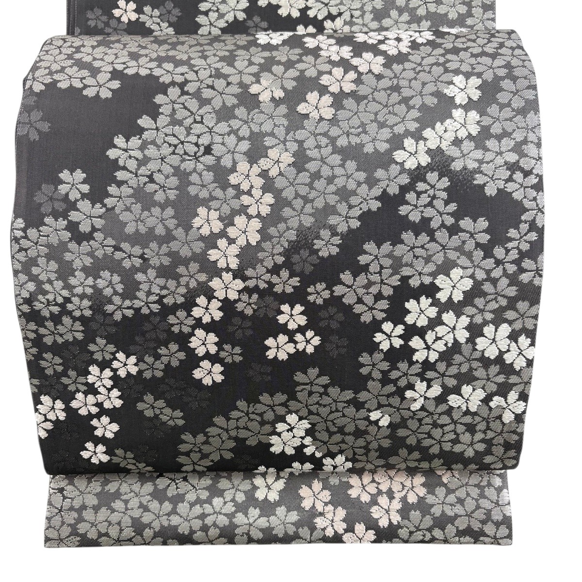 【美品】 袋帯 秀品 桜 箔 銀糸 灰色 六通 正絹 【中古】