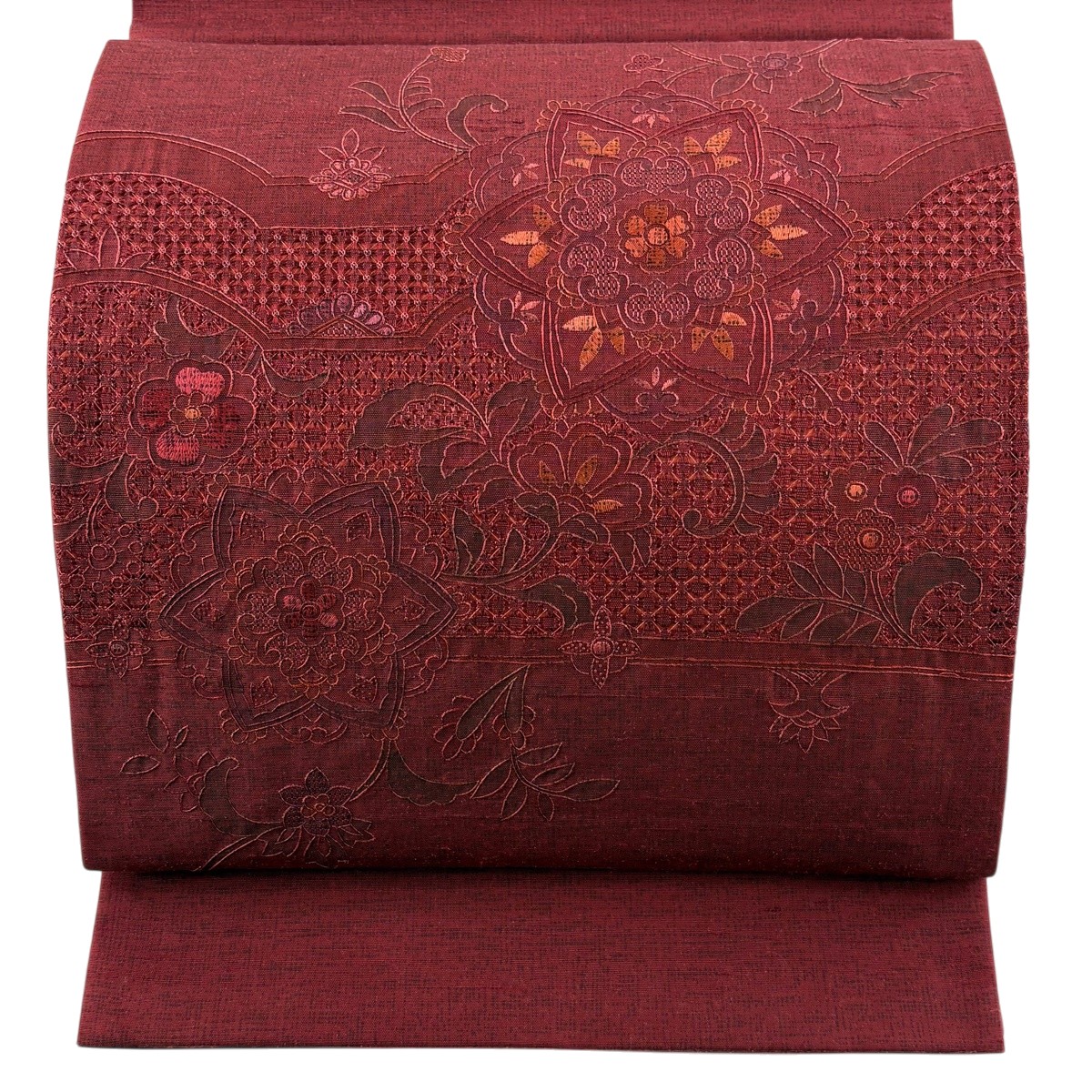 【美品】 袋帯 秀品 華文 花唐草 蘇州刺繍 えんじ色 お太鼓柄 正絹 【中古】