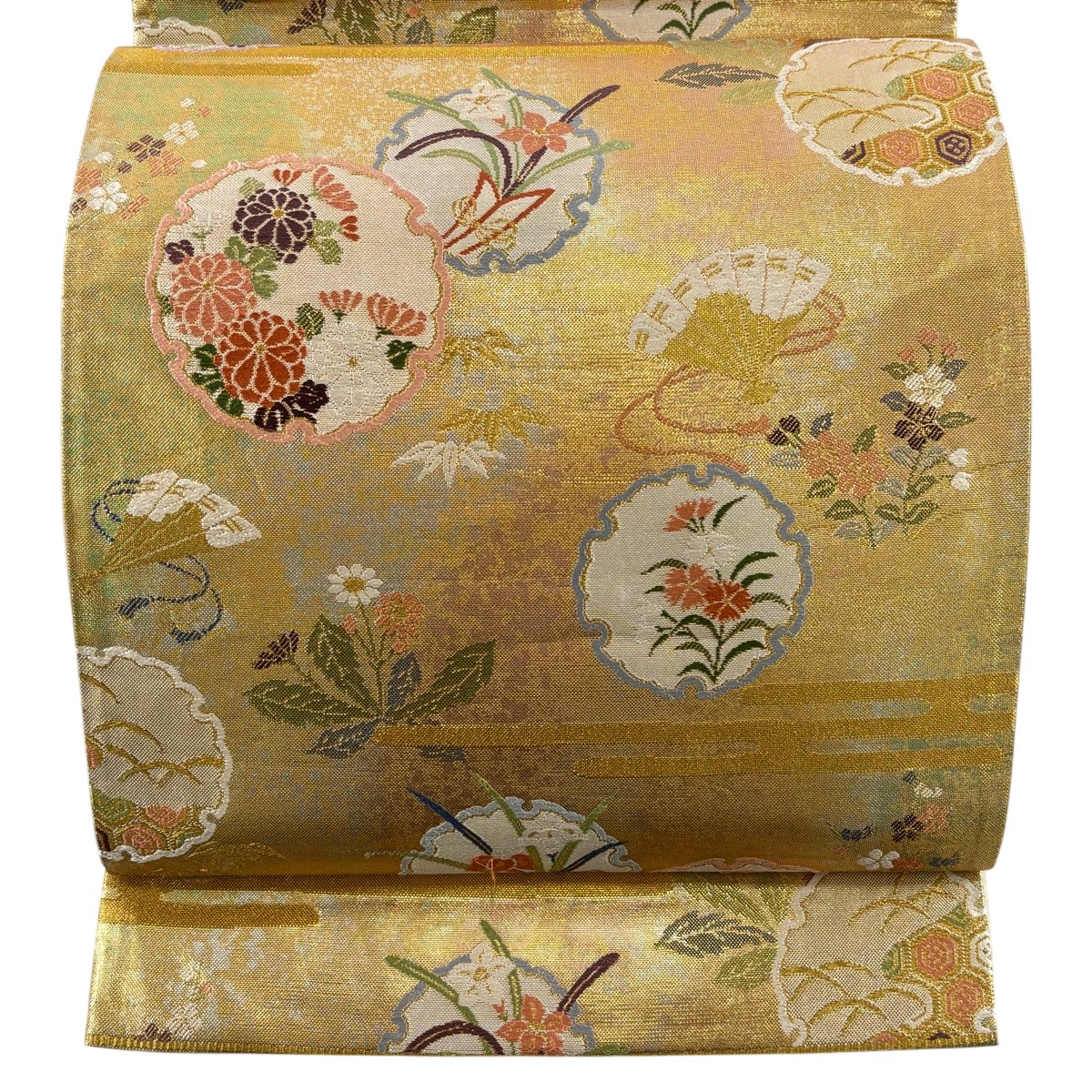 【美品】 袋帯 秀品 関西仕立て 雪輪春秋文 金糸 箔 金色 六通 正絹 【中古】