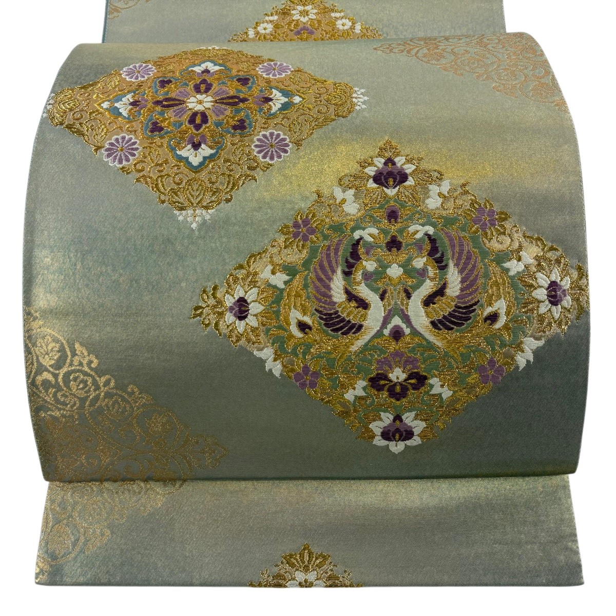【美品】 袋帯 珠玉 じゅらく 名書きあり 向こうっ面鳥 花菱 金糸 箔 金色 お太鼓柄 正絹 【中古】
