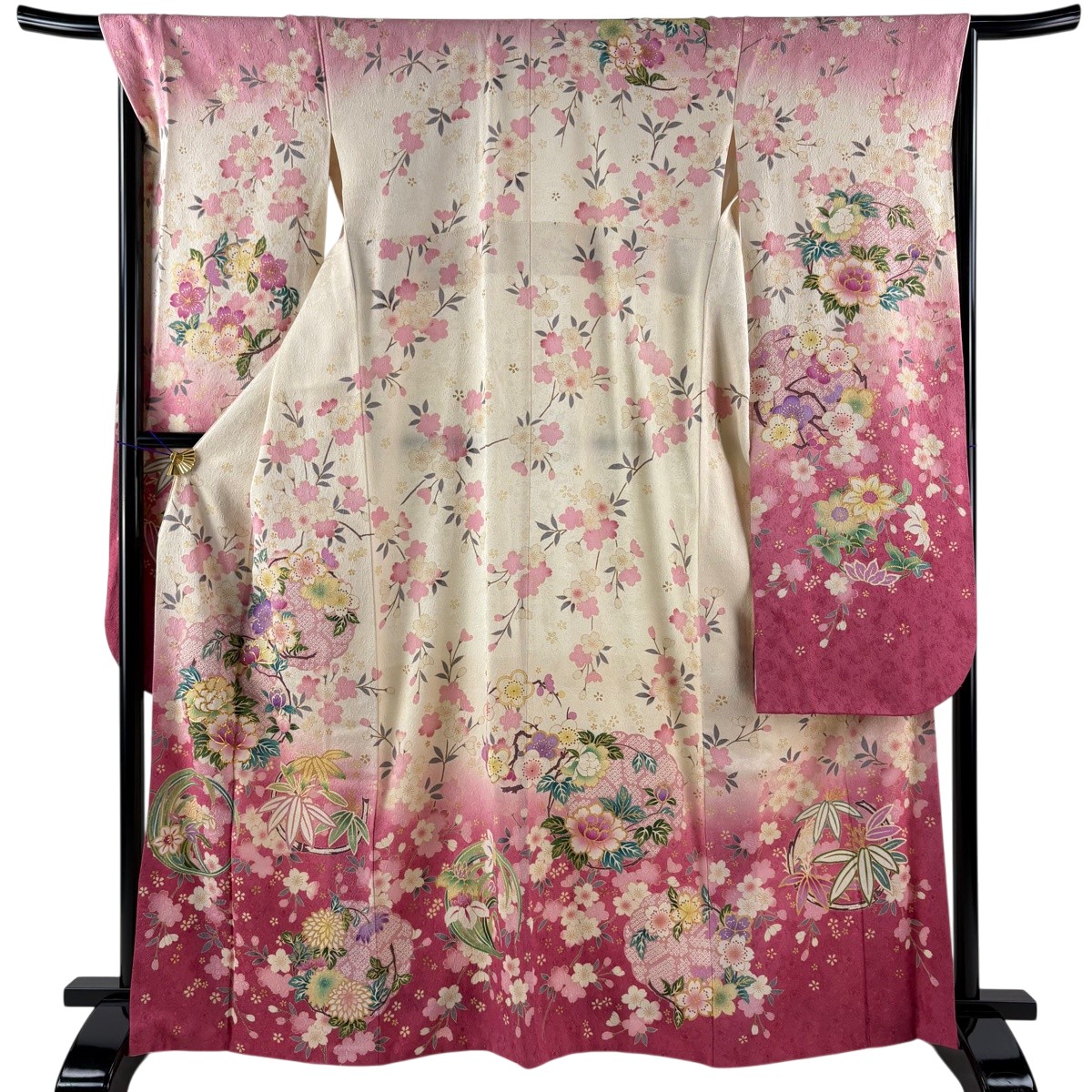 振袖 身丈166.5cm 裄丈68cm L 袷 花丸文 枝垂れ桜 金通し 金彩 クリーム 正絹 逸品 【中古】