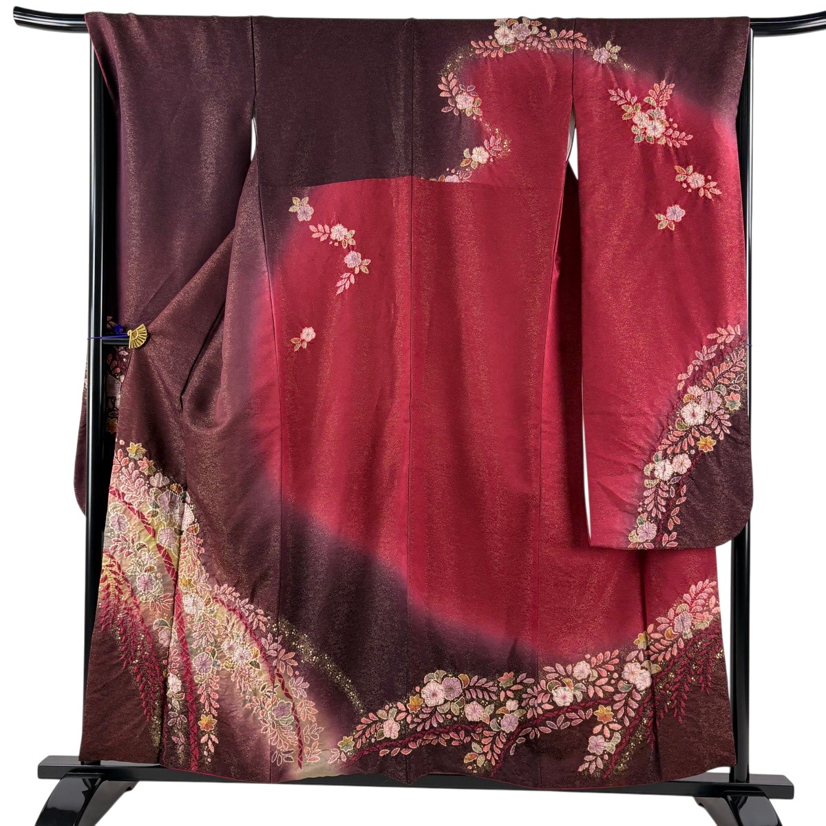 【美品】 振袖 身の丈157.5糎 裄丈67.5糎 L 袷 徳永憲峯 書き判あり 辻が花 金通し 金彩 えんじ色 正絹 珠玉 【中古】 msp50