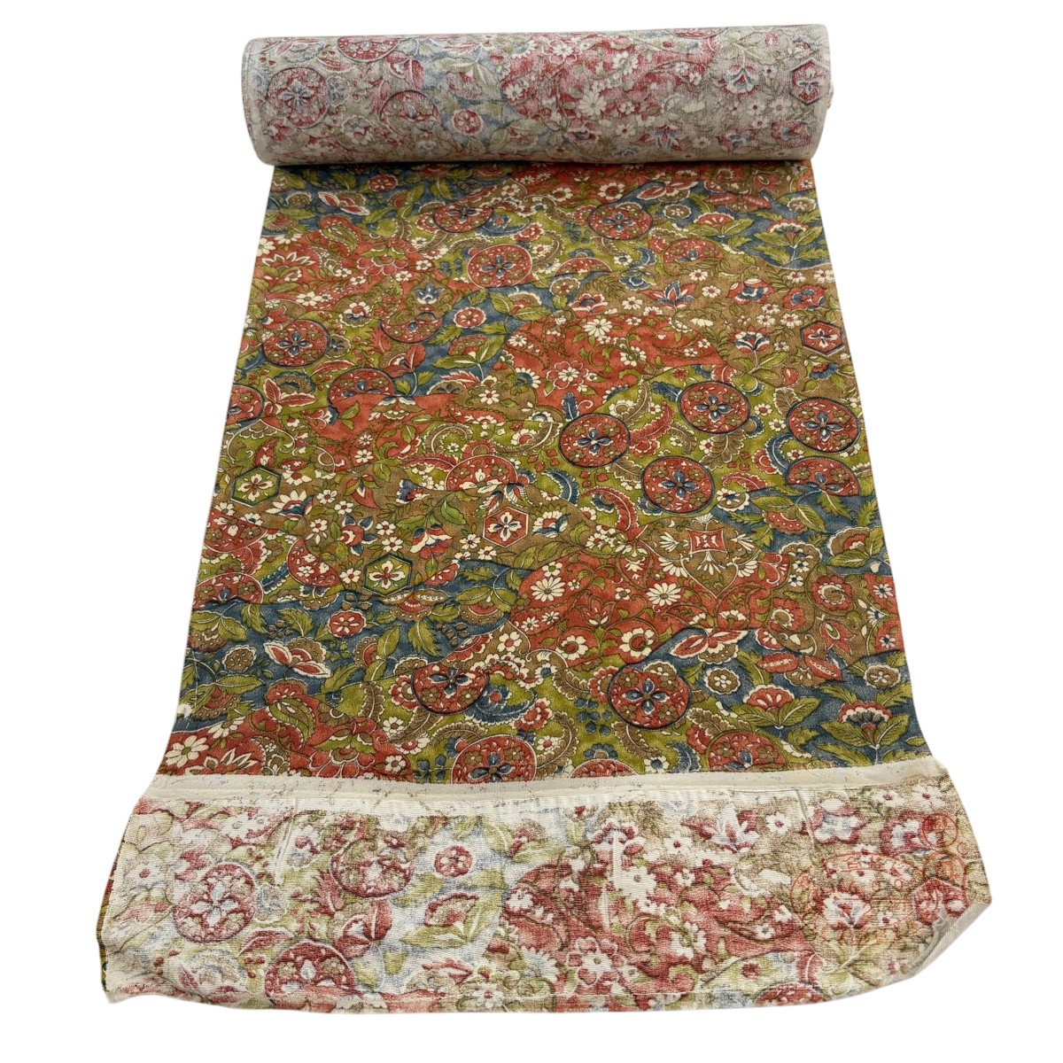 反物 秀品 小紋 花唐草 寄せ柄 鶯色 正絹 【中古】
