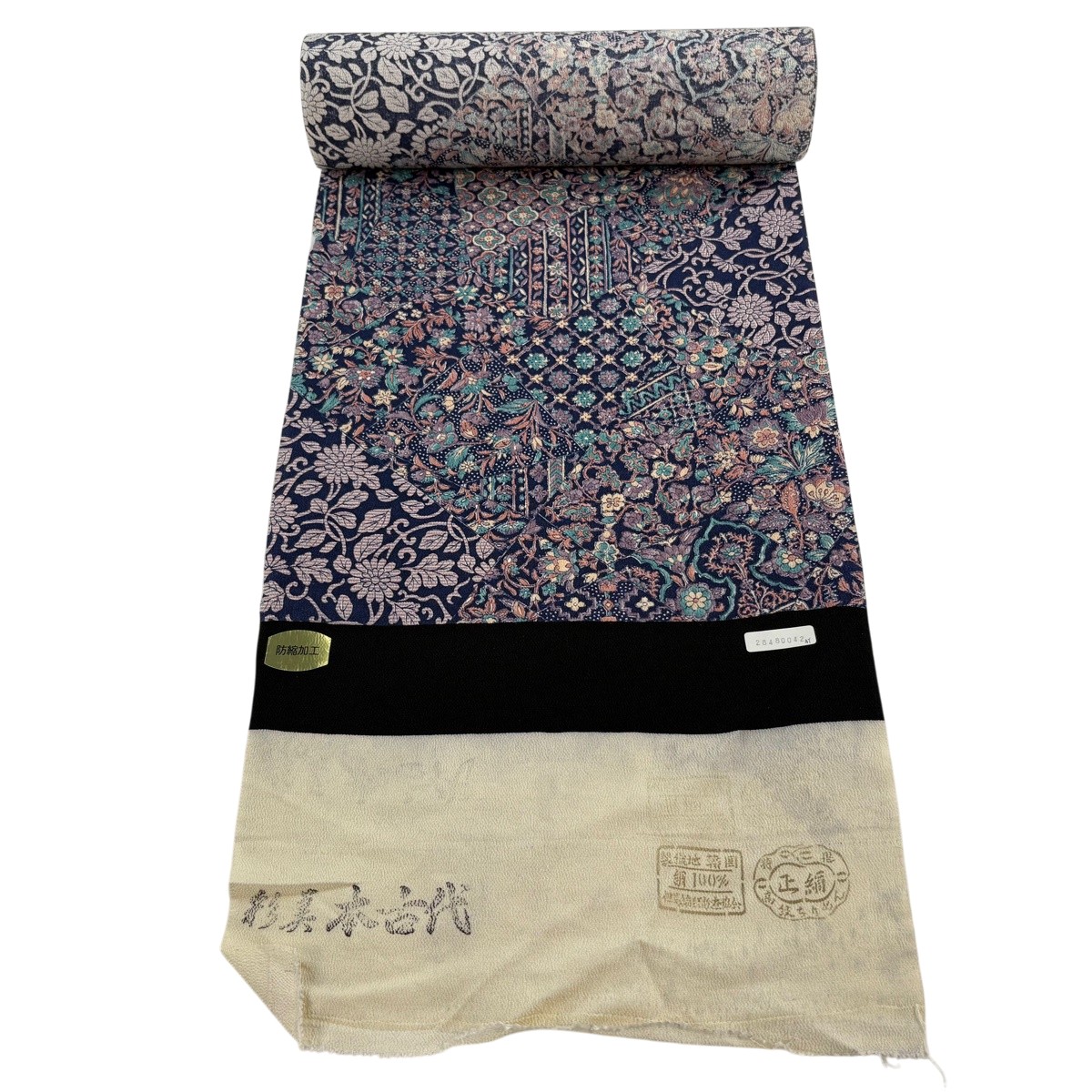 反物 秀品 小紋 花唐草 寄せ柄 縮緬 濃紫 正絹 【中古】