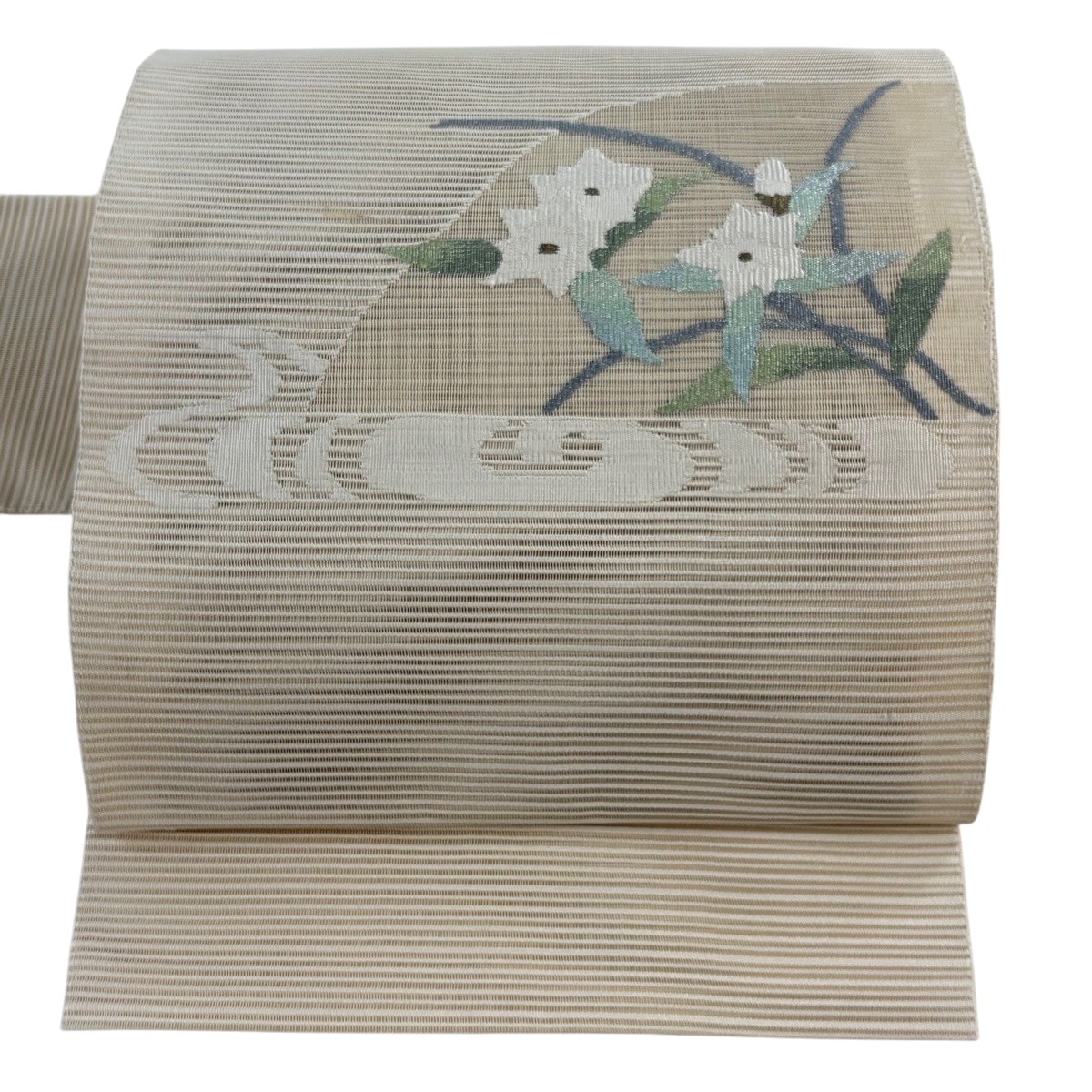 名古屋帯 秀品 夏帯 絽 草花 流水 金銀糸 ベージュ 正絹 【中古】