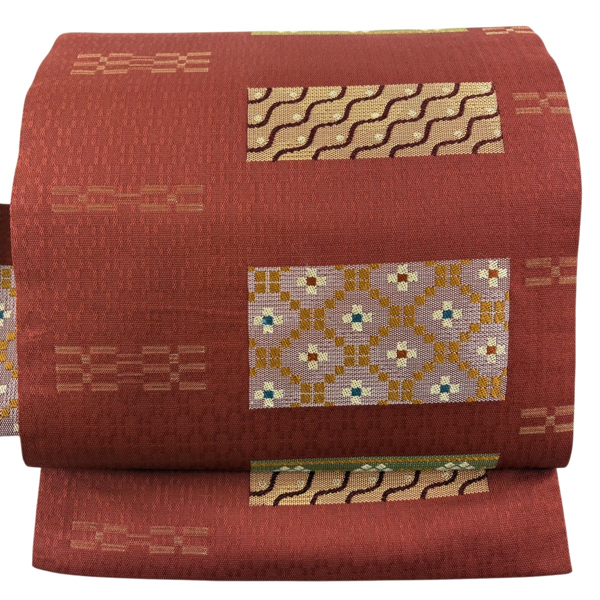【美品】 名古屋帯 秀品 縞 幾何学模様 金糸 赤茶 正絹 【中古】