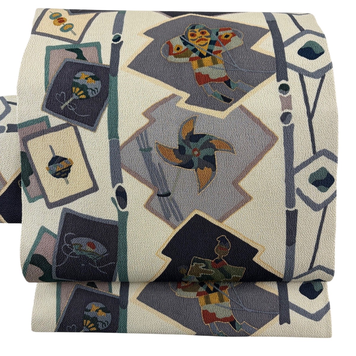 【美品】 名古屋帯 秀品 玩具 松皮菱 金彩 縮緬 灰白 正絹 【中古】 8,260円