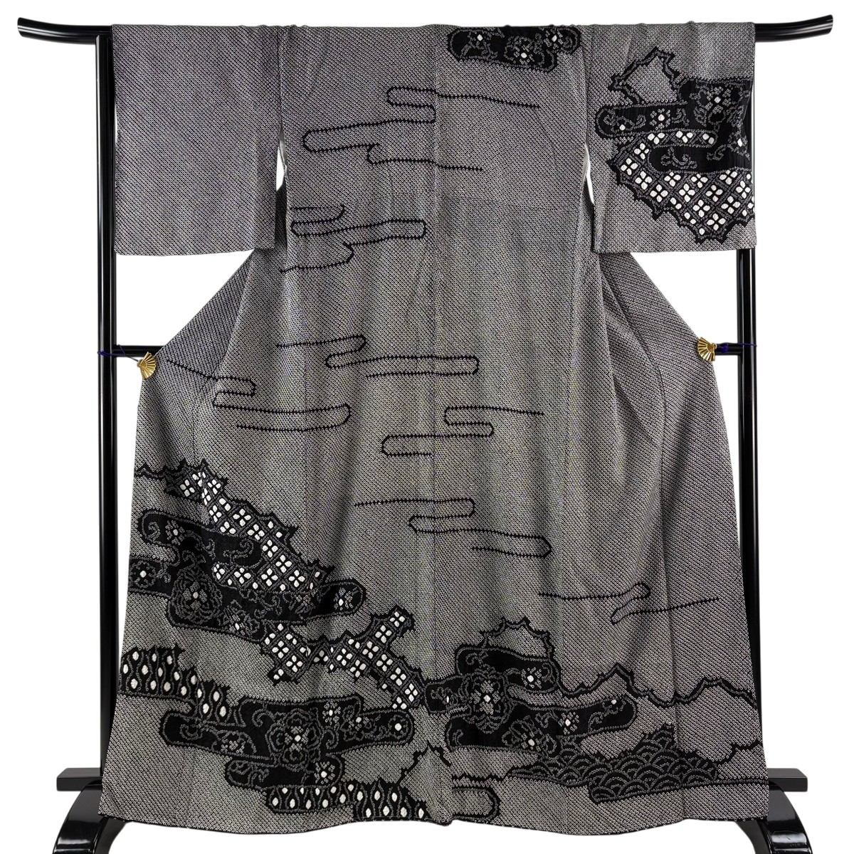 訪問着 身丈164cm 裄丈66cm M 袷 花 ヱ霞 総絞り 黒 正絹 秀品 【中古】