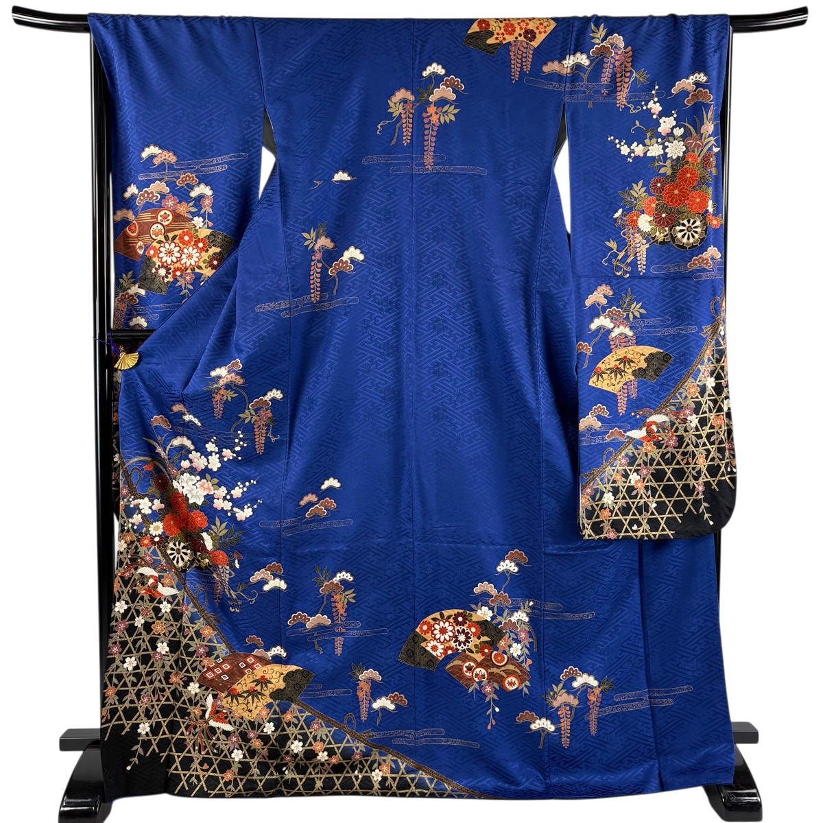 振袖 身丈171.5cm 裄丈67.5cm L 袷 花車 尾長鶏 金彩 染め分け 青 正絹 秀品 【中古】