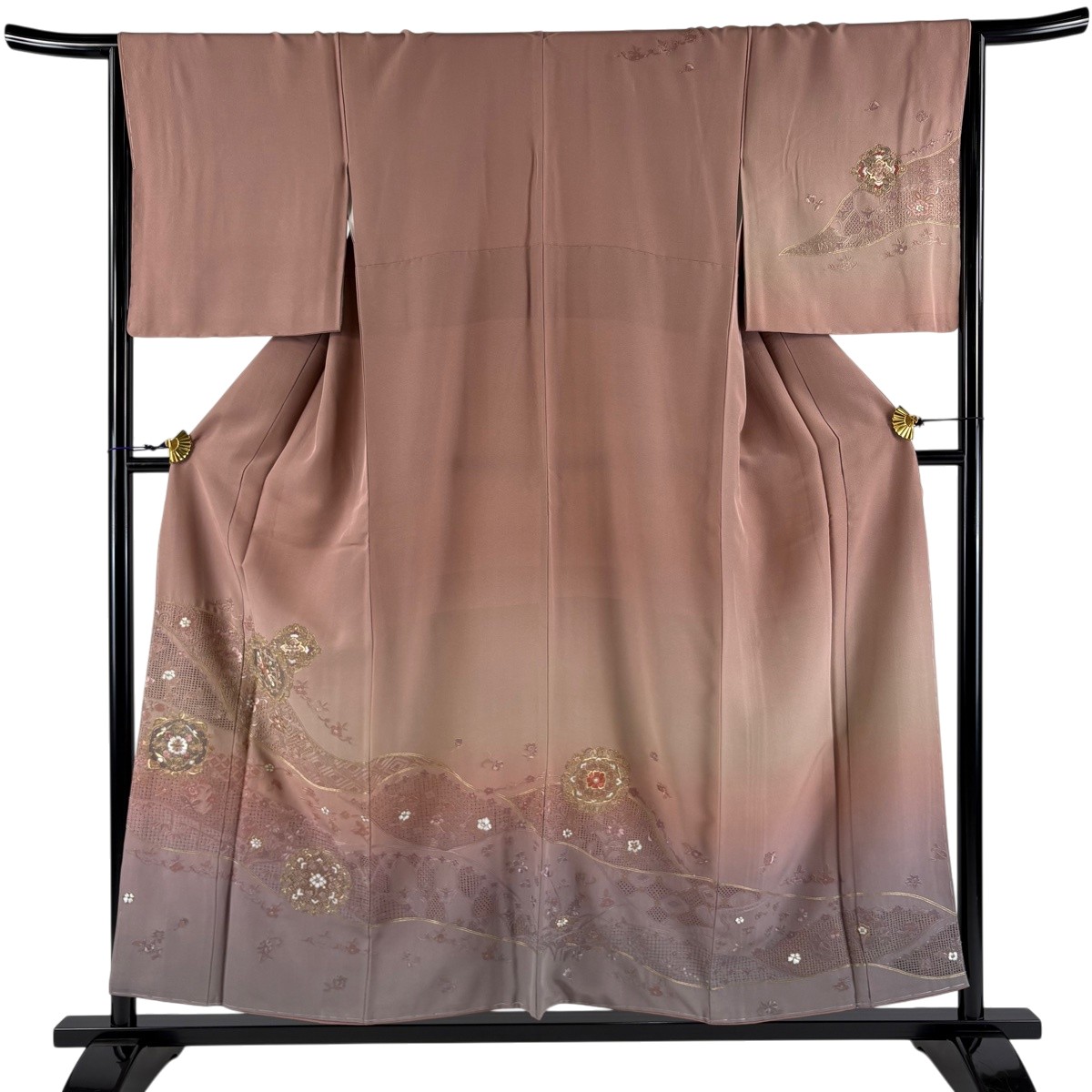 【美品】 訪問着 身丈155.5cm 裄丈66cm M 袷 華文 草花 金糸 刺繍 小豆色 正絹 秀品 【中古】