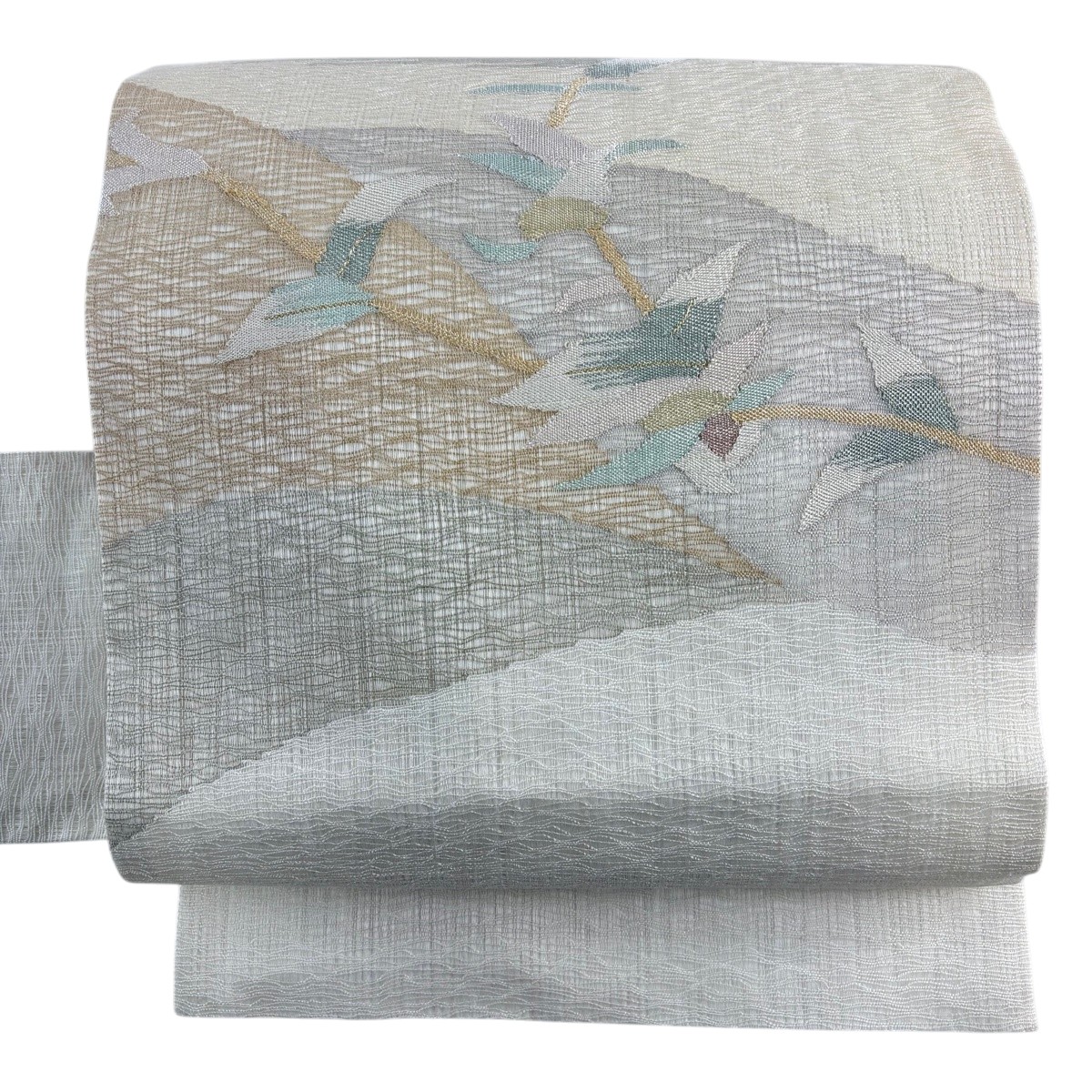 名古屋帯 秀品 夏帯 枝花 幾何学模様 金銀糸 クリーム 正絹 【中古】