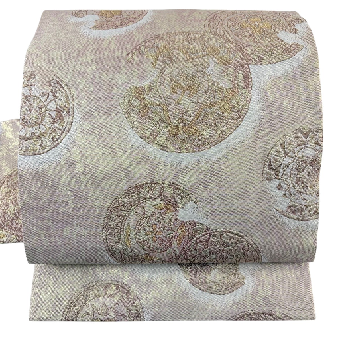 【美品】 名古屋帯 秀品 絵皿 華文 金糸 箔 薄小豆 正絹 【中古】