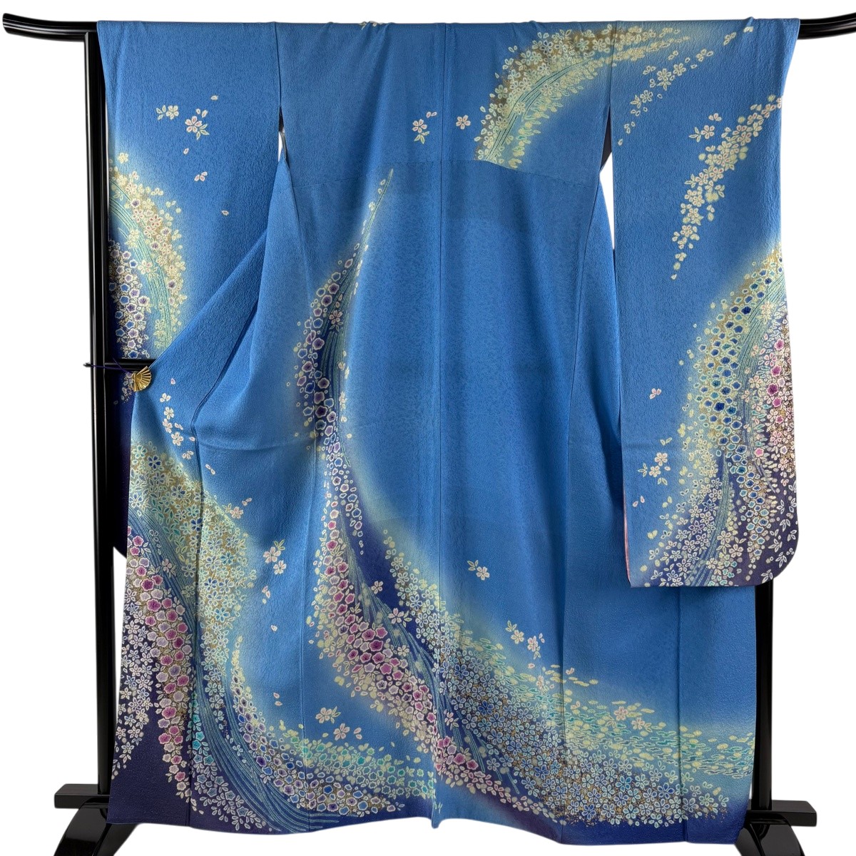 振袖 身丈162.5cm 裄丈68cm L 袷 ほていや 草花 金通し 金彩 水色 正絹 名品 【中古】