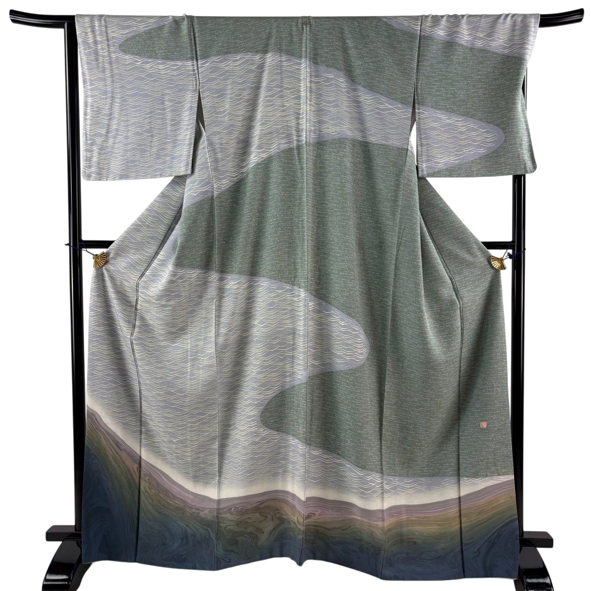 【美品】 訪問着 身丈165cm 裄丈68.5cm L 袷 落款あり 墨流し 幾何学模様 染め分け ぼかし 灰紫 正絹 名品 一つ紋 【中古】