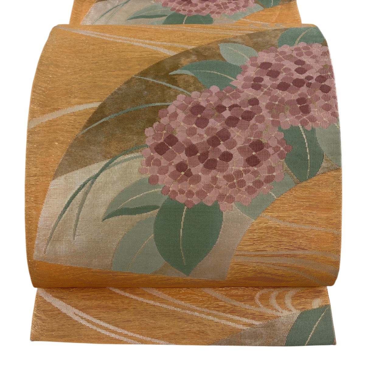 袋帯 秀品 夏帯 扇面 紫陽花 箔 オレンジ 六通 正絹 【中古】 8,968円
