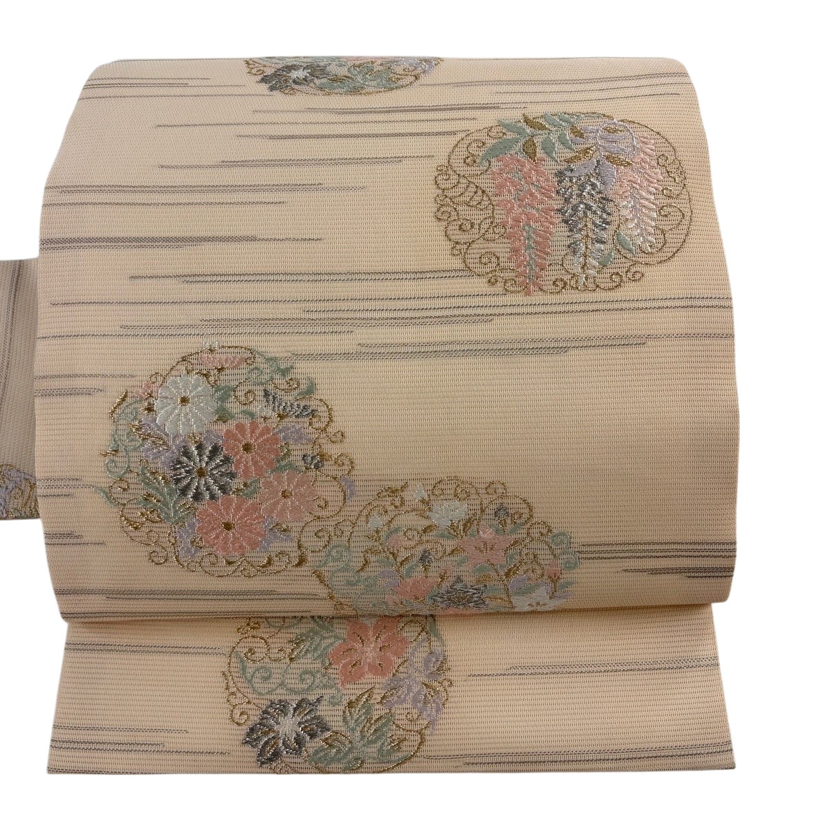 名古屋帯 秀品 夏帯 絽 草花 花唐草 金銀糸 箔 ピンクベージュ 正絹 【中古】