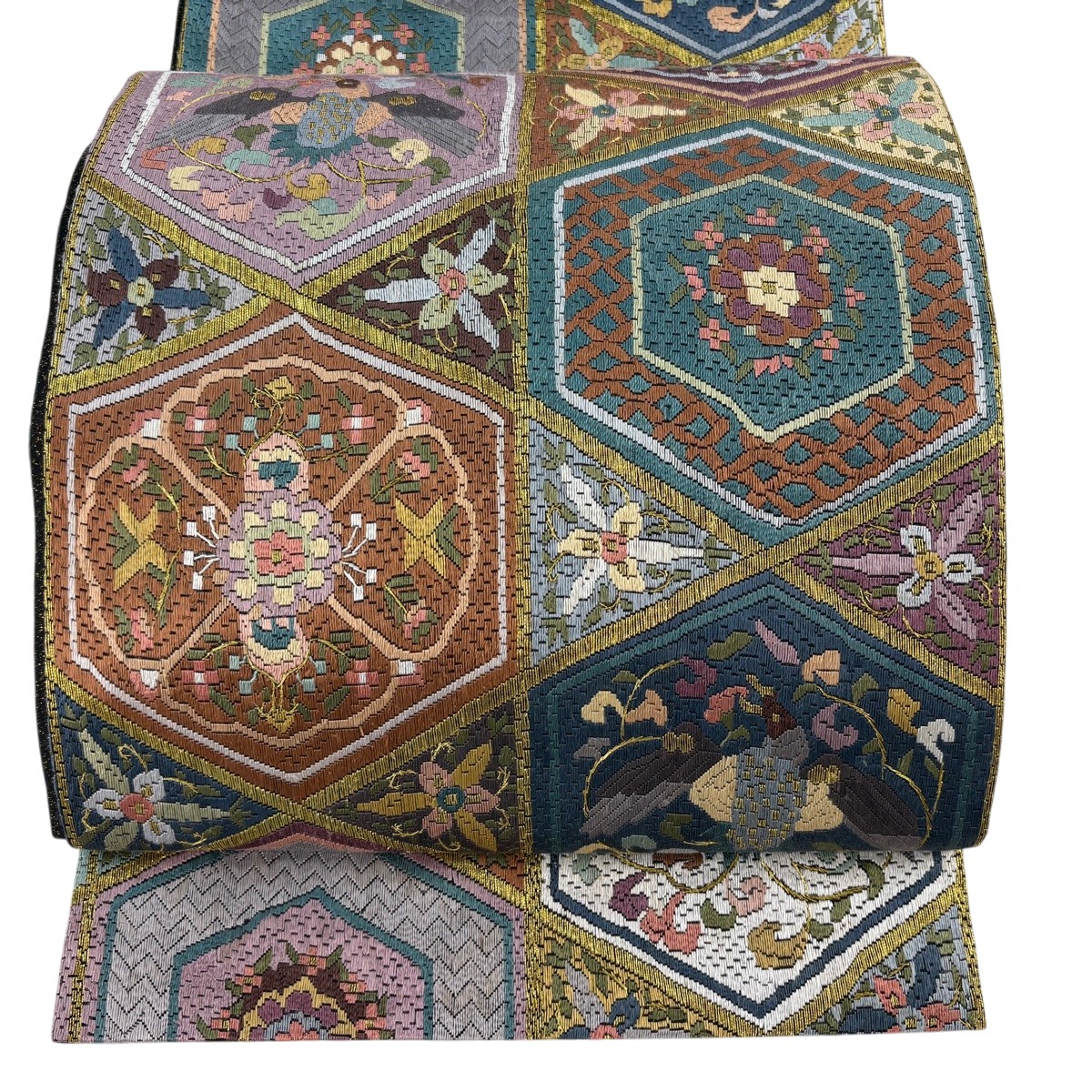 袋帯 逸品 花鳥 華文 金糸 刺繍 赤茶 全通 正絹 【中古】