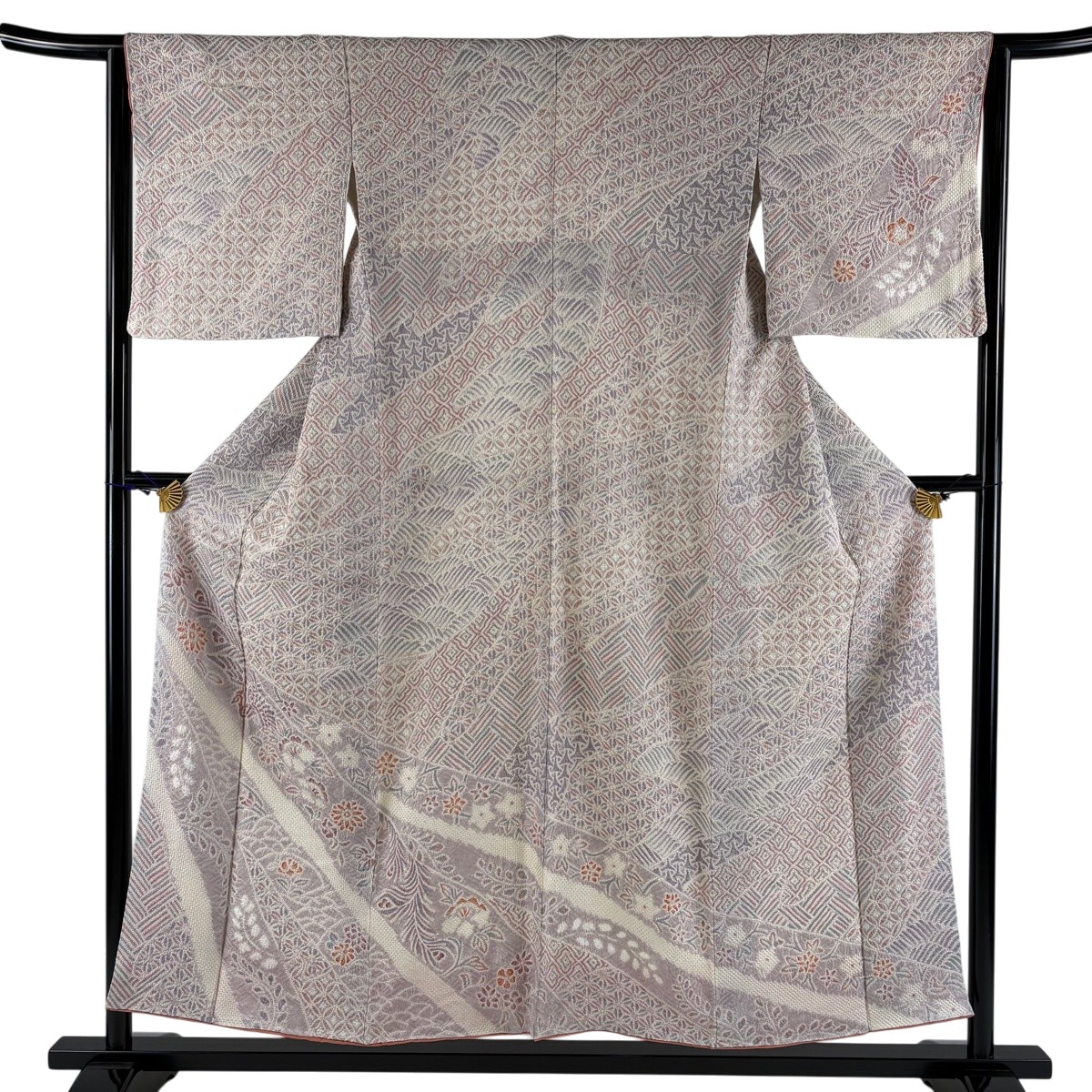 訪問着 身丈153cm 裄丈62.5cm S 袷 鳥 草花 総絞り 灰紫 正絹 逸品 【中古】