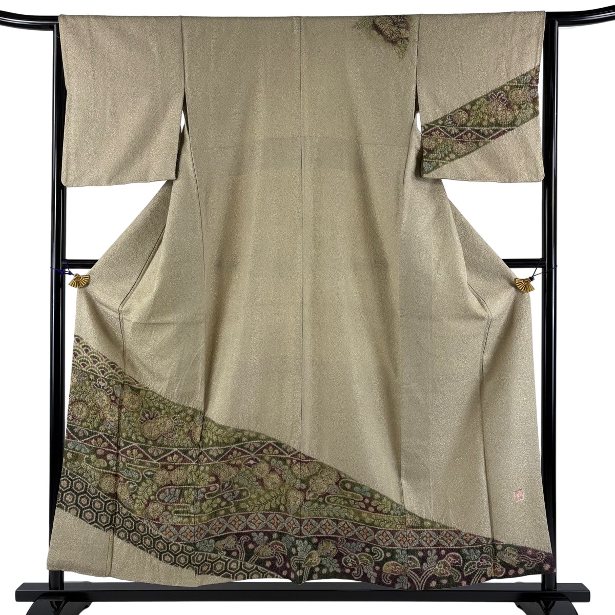【美品】 訪問着 身丈156cm 裄丈64.5cm M 袷 樋熊哲也 落款あり 辻が花 ヱ霞 金通し 薄茶色 正絹 逸品 一つ紋 【中古】