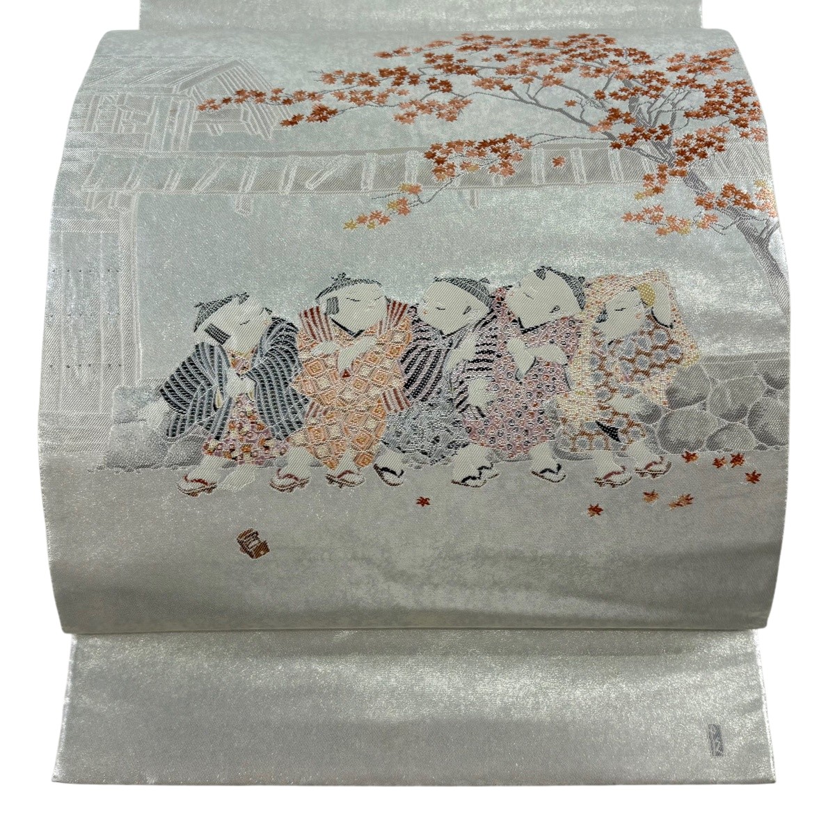 袋帯 逸品 長嶋成織物 落款あり 瀞銀錦 城下町 由水十久 童 紅葉 箔 銀色 お太鼓柄 正絹 【中古】