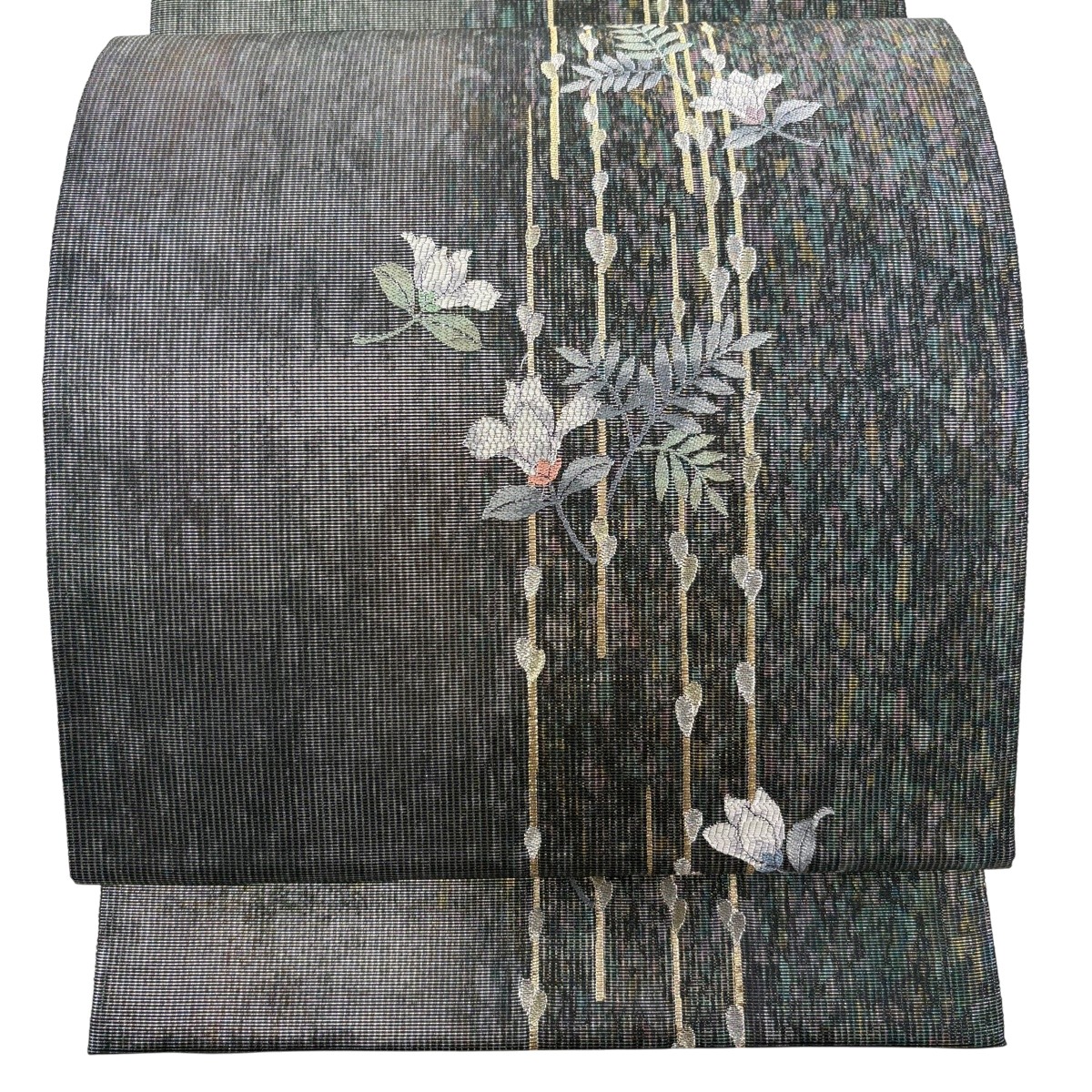 【美品】 袋帯 秀品 夏帯 草花 幾何学 金銀糸 箔 黒灰 六通 正絹 【中古】