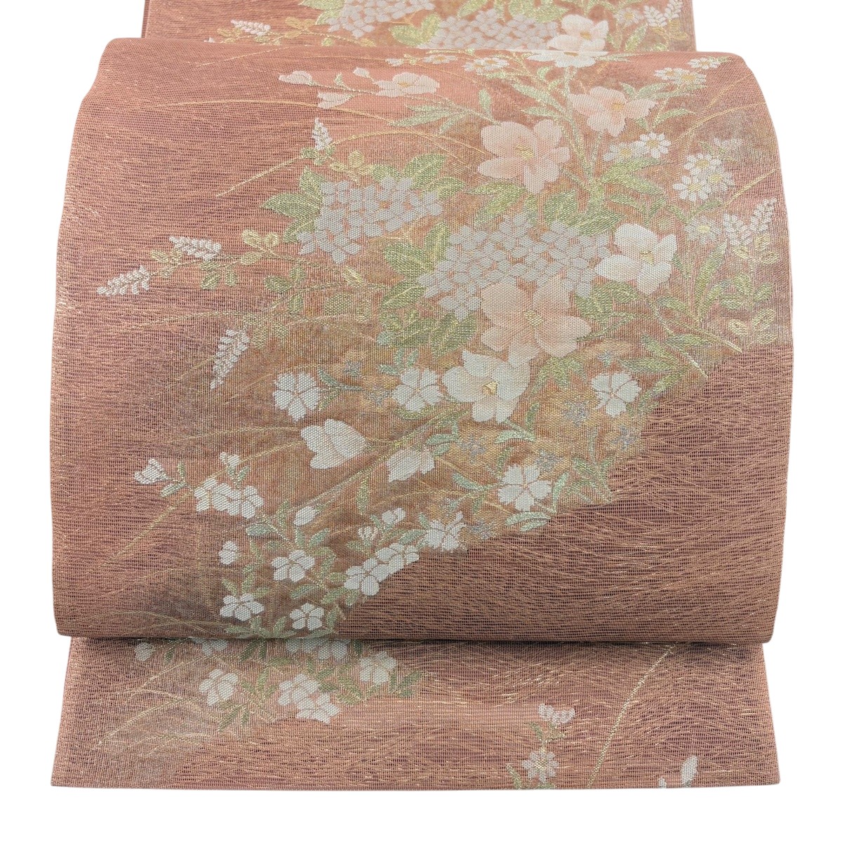 袋帯 秀品 夏帯 絽 草花 そよ風さそう 金銀糸 箔 ピンクベージュ 六通 正絹 【中古】