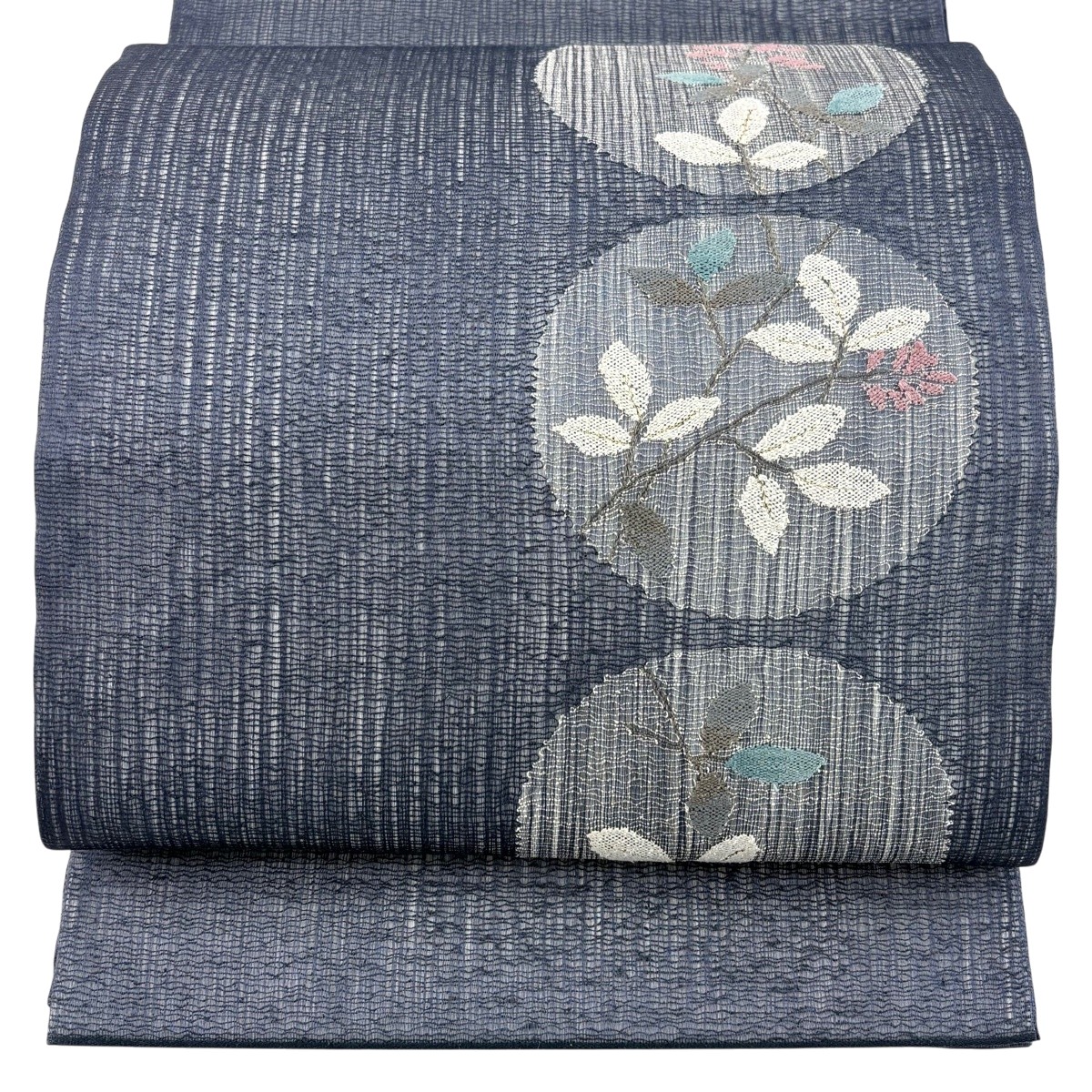 【美品】 袋帯 秀品 夏帯 丸文 草花 金糸 紺色 お太鼓柄 正絹 【中古】