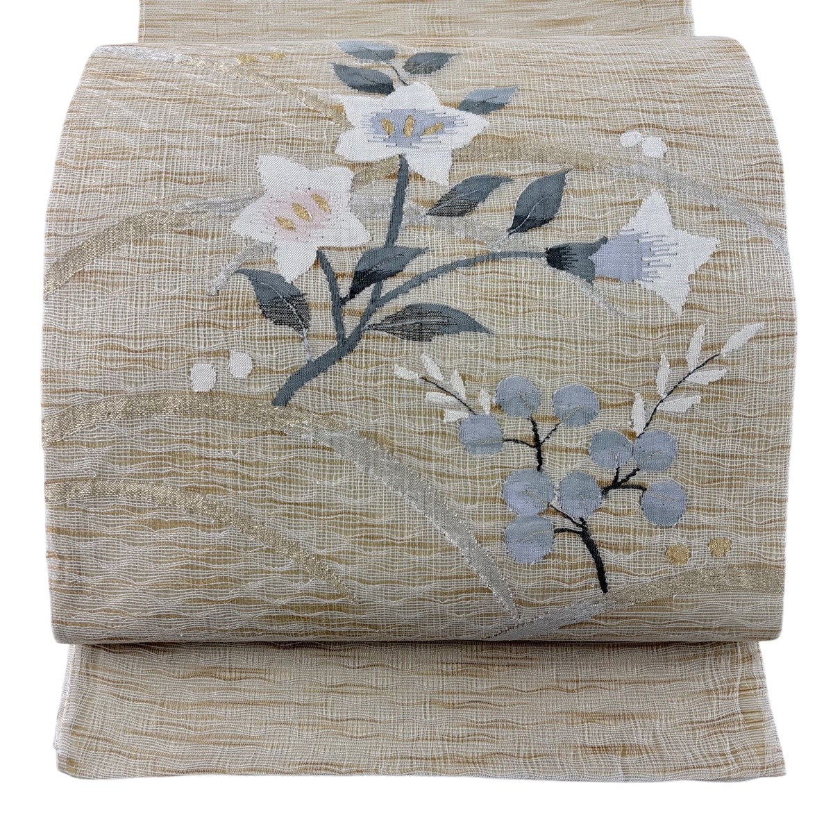 【美品】 袋帯 秀品 夏帯 桔梗 露芝 金銀糸 薄茶色 お太鼓柄 正絹 【中古】