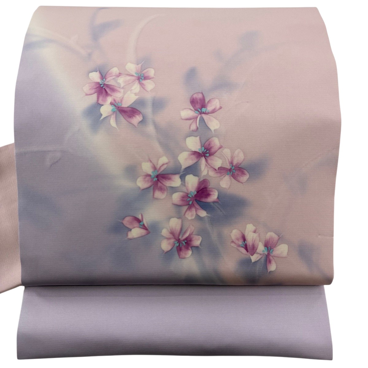 【美品】 名古屋帯 秀品 斉藤三才 落款あり 草花 ぼかし 染め分け ピンク 正絹 【中古】