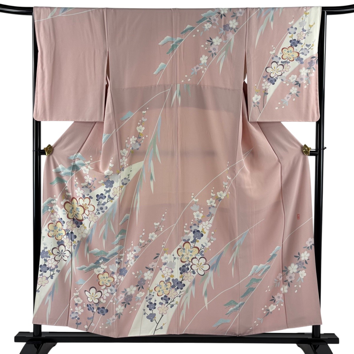 訪問着 身丈154.5cm 裄丈65.5cm M 袷 落款あり 松竹梅 桜 ピンク 正絹 秀品 【中古】
