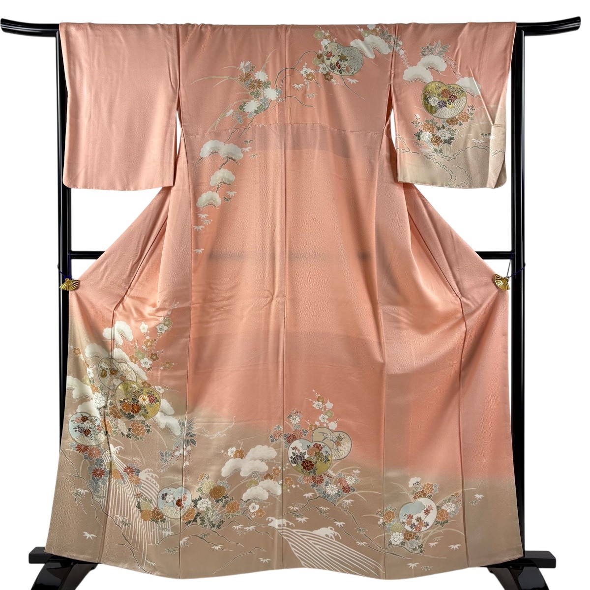 訪問着 身丈160.5cm 裄丈66.5cm M 袷 松竹梅 団扇 金糸 金彩 サーモンピンク 正絹 秀品 【中古】