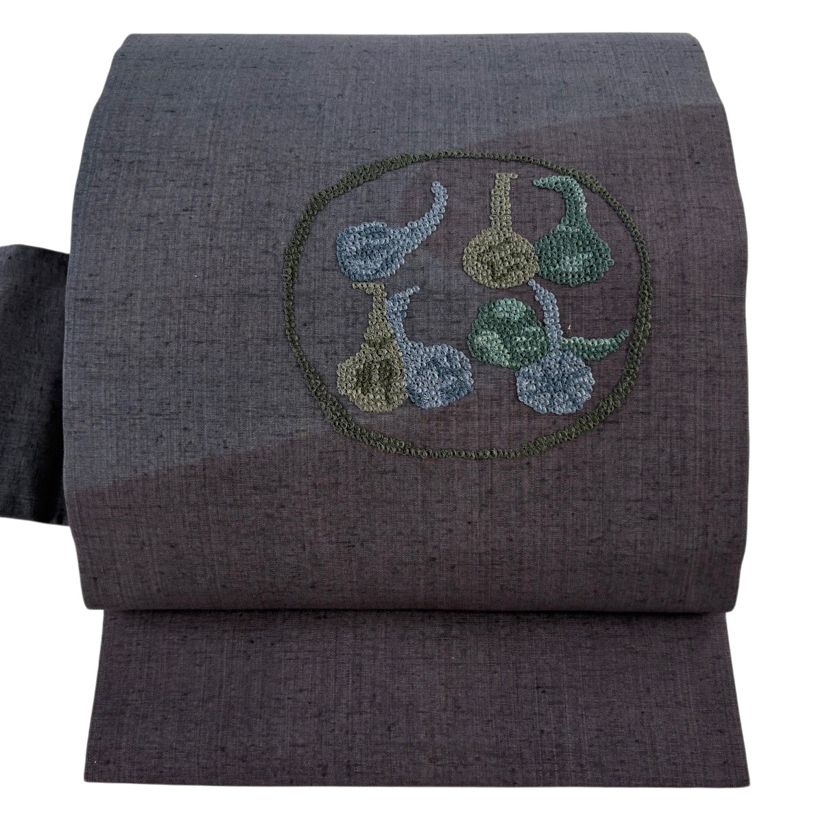 【美品】 名古屋帯 秀品 紬地 生り物 刺繍 灰色 正絹 【中古】