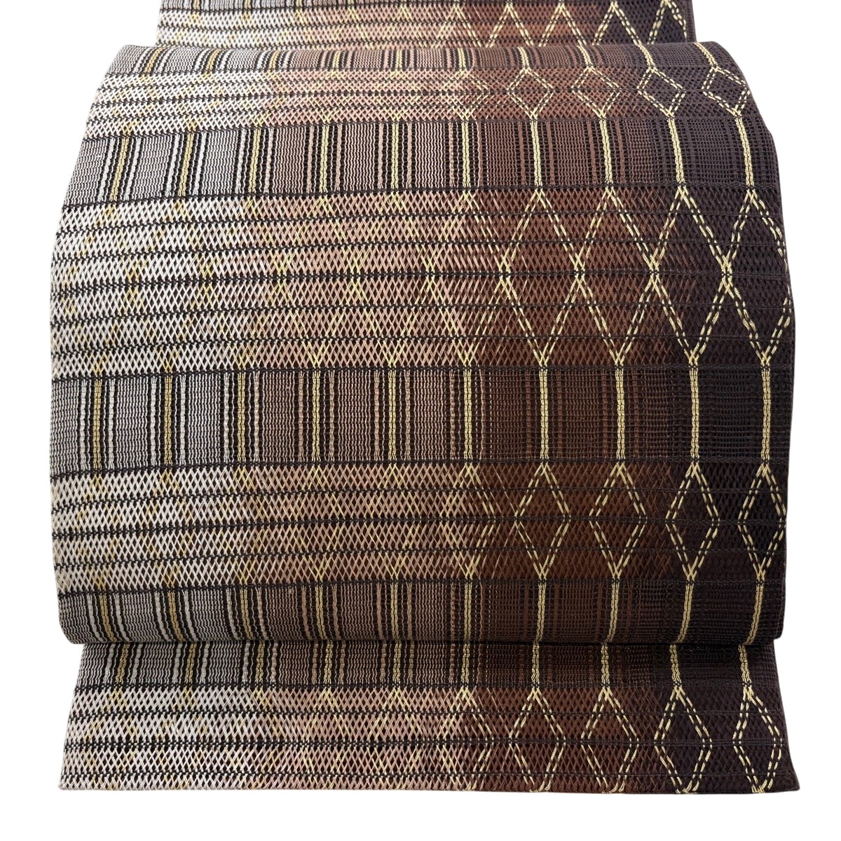 【美品】 袋帯 秀品 夏帯 幾何学 金糸 茶色 お太鼓柄 正絹 【中古】