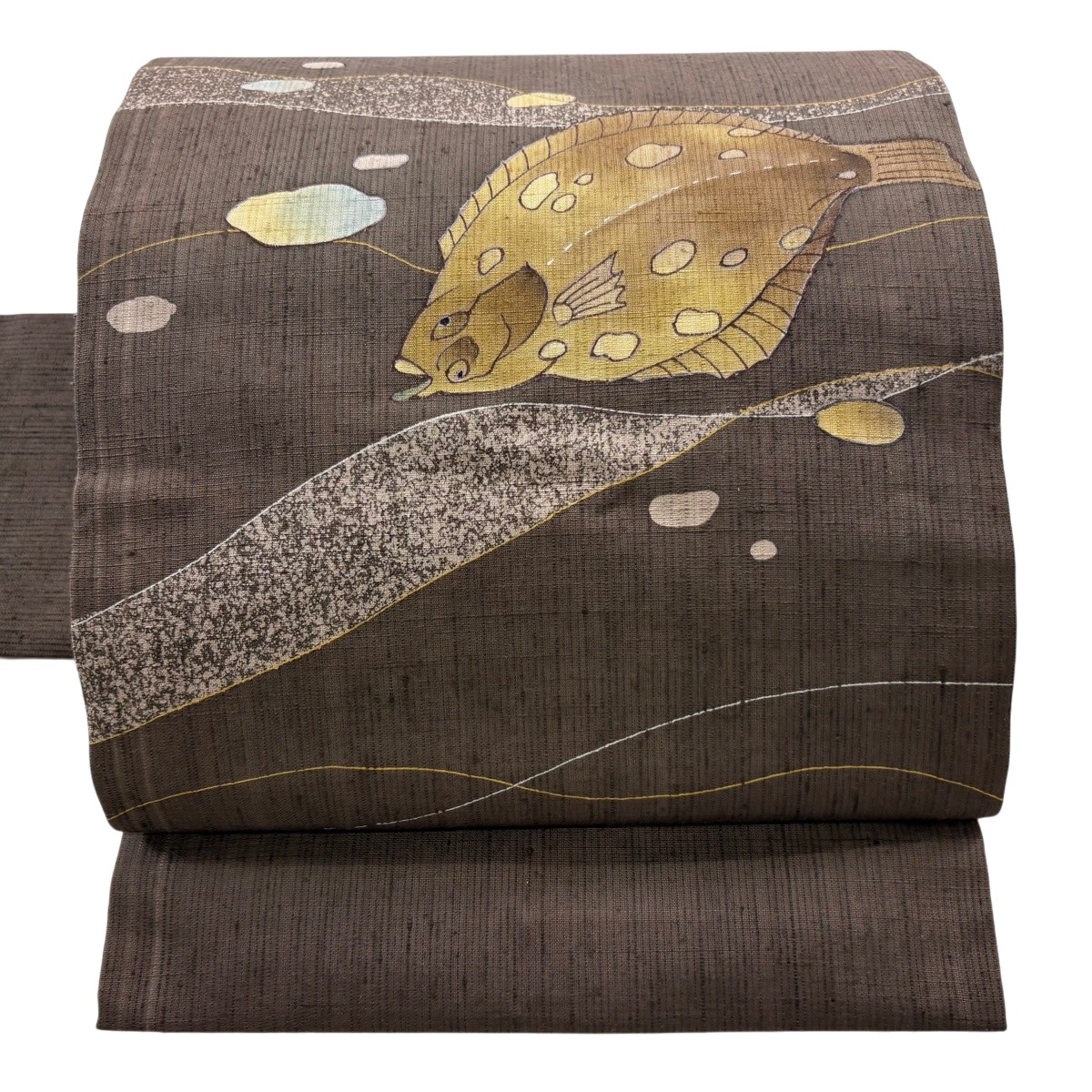 【美品】 名古屋帯 秀品 落款あり 紬地 魚 水面 焦茶色 正絹 【中古】