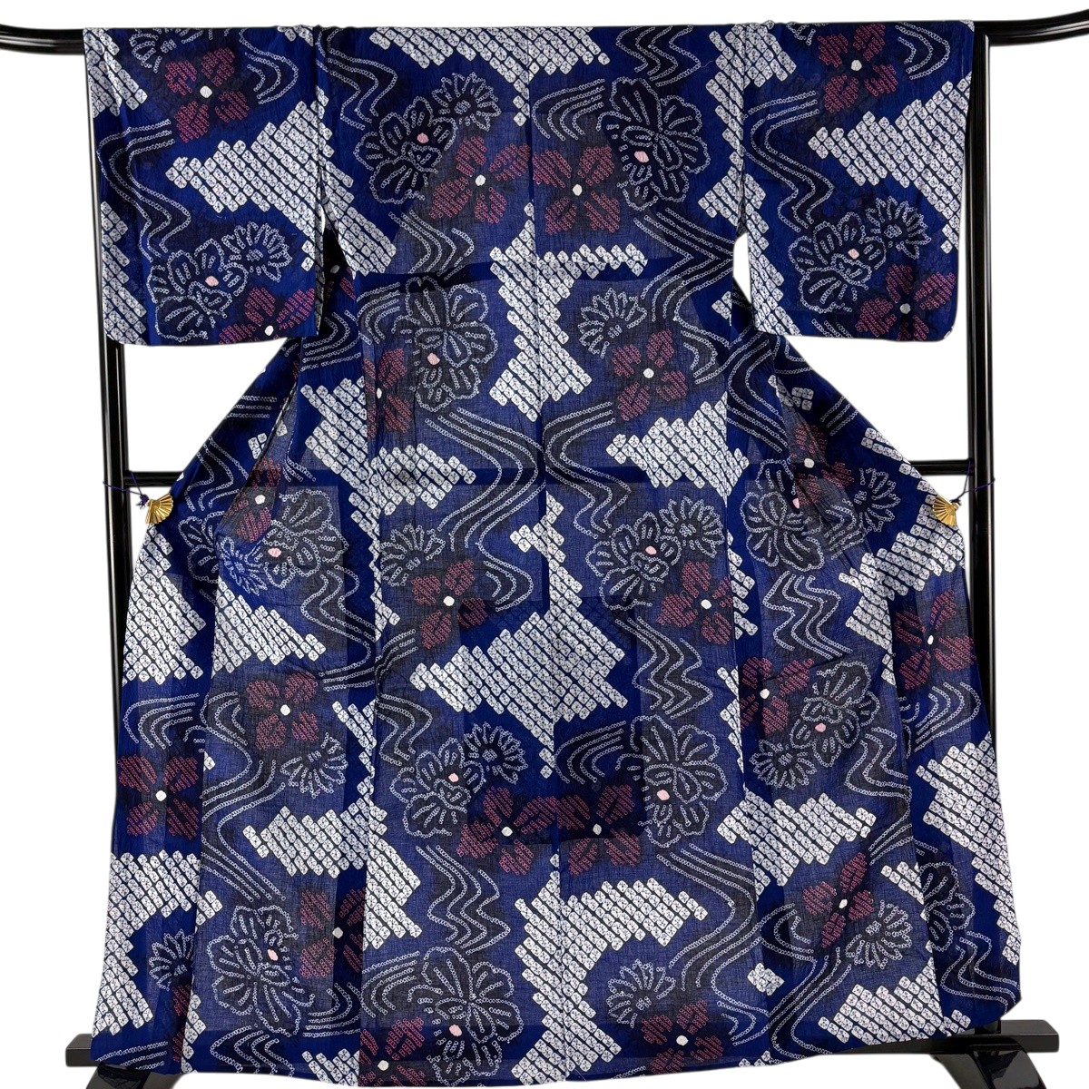 【美品】 浴衣 身丈161cm 裄丈66cm M 絞り浴衣 草花 流水 藍色 綿 名品 【中古】
