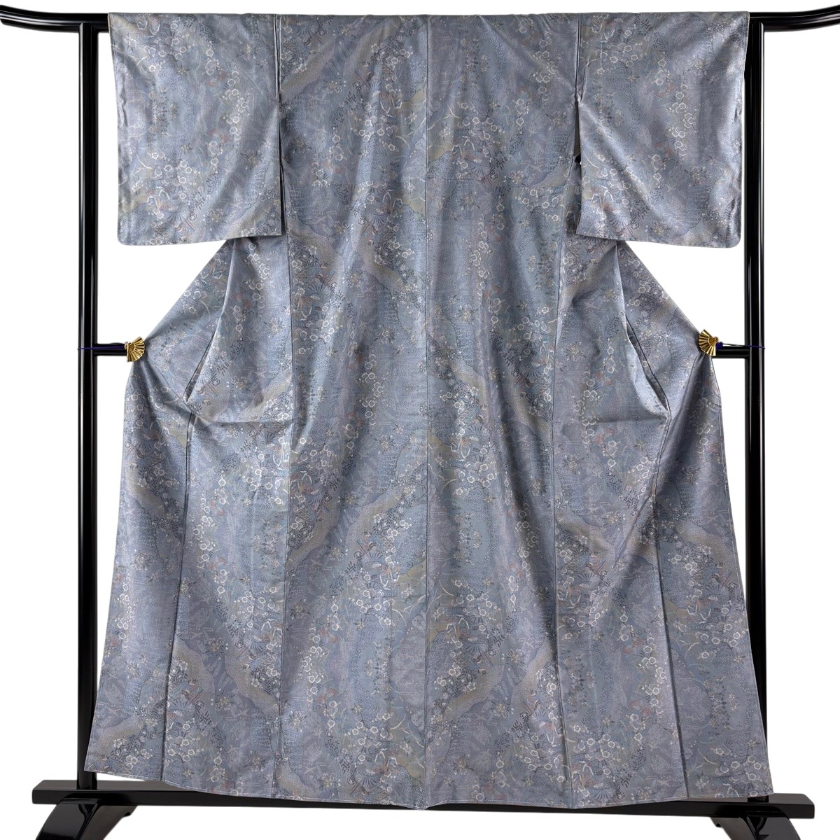 【美品】 大島紬 身の丈159珊 裄丈62.5珊 S 袷 都喜ヱ門 証紙あり 梅 扇 青薄墨色 正絹 珠玉 【中古】 msp50